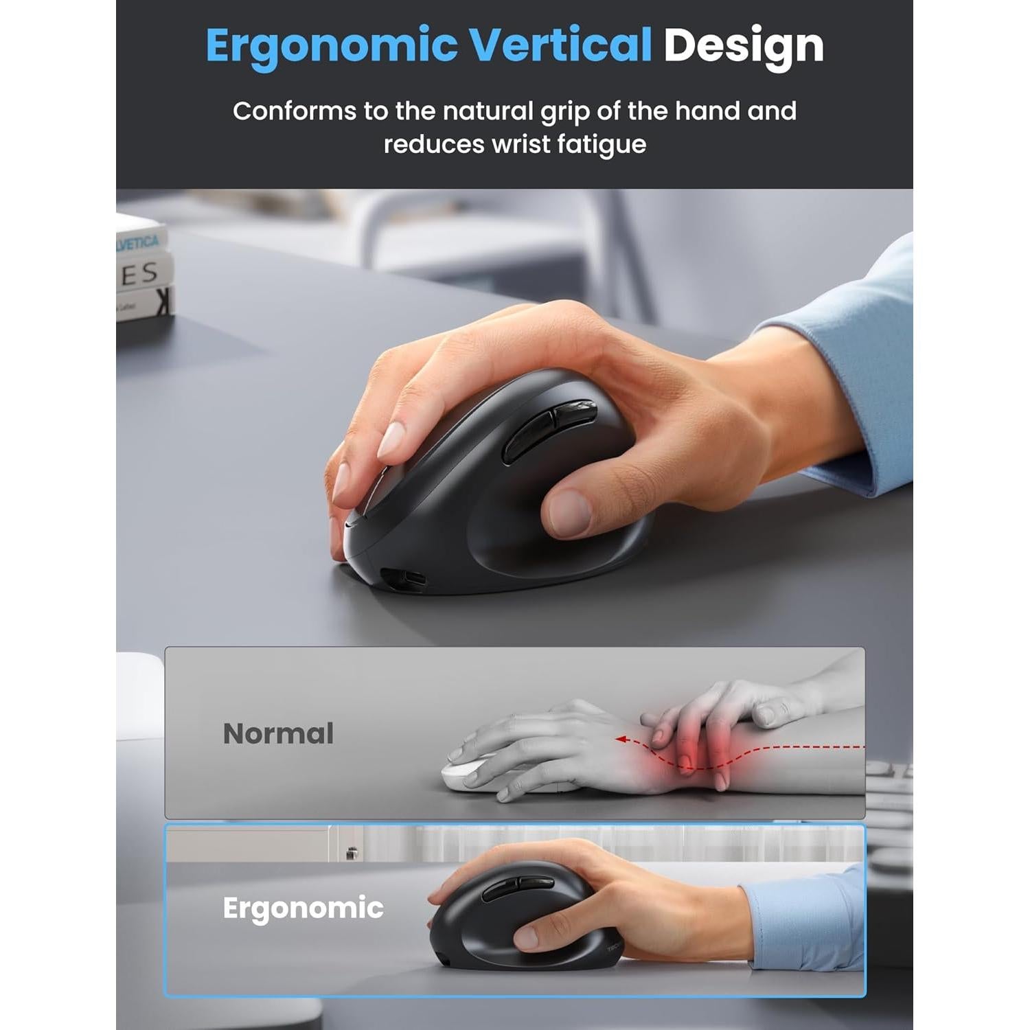 TECKNET Ergonomic Mouse, Bluetooth Wireless Vertical Mouse, Rechargeable Battery, Quiet Clicks, 4800 DPI Adjustable, BT5.0/3.0 & 2.4G Connect, Easy to use, Wide Compatibility - Black