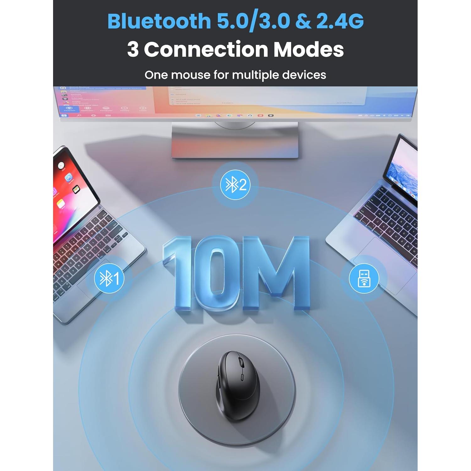 TECKNET Ergonomic Mouse, Bluetooth Wireless Vertical Mouse, Rechargeable Battery, Quiet Clicks, 4800 DPI Adjustable, BT5.0/3.0 & 2.4G Connect, Easy to use, Wide Compatibility - Black