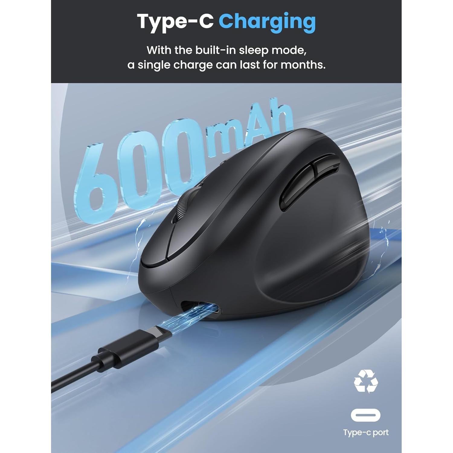 TECKNET Ergonomic Mouse, Bluetooth Wireless Vertical Mouse, Rechargeable Battery, Quiet Clicks, 4800 DPI Adjustable, BT5.0/3.0 & 2.4G Connect, Easy to use, Wide Compatibility - Black