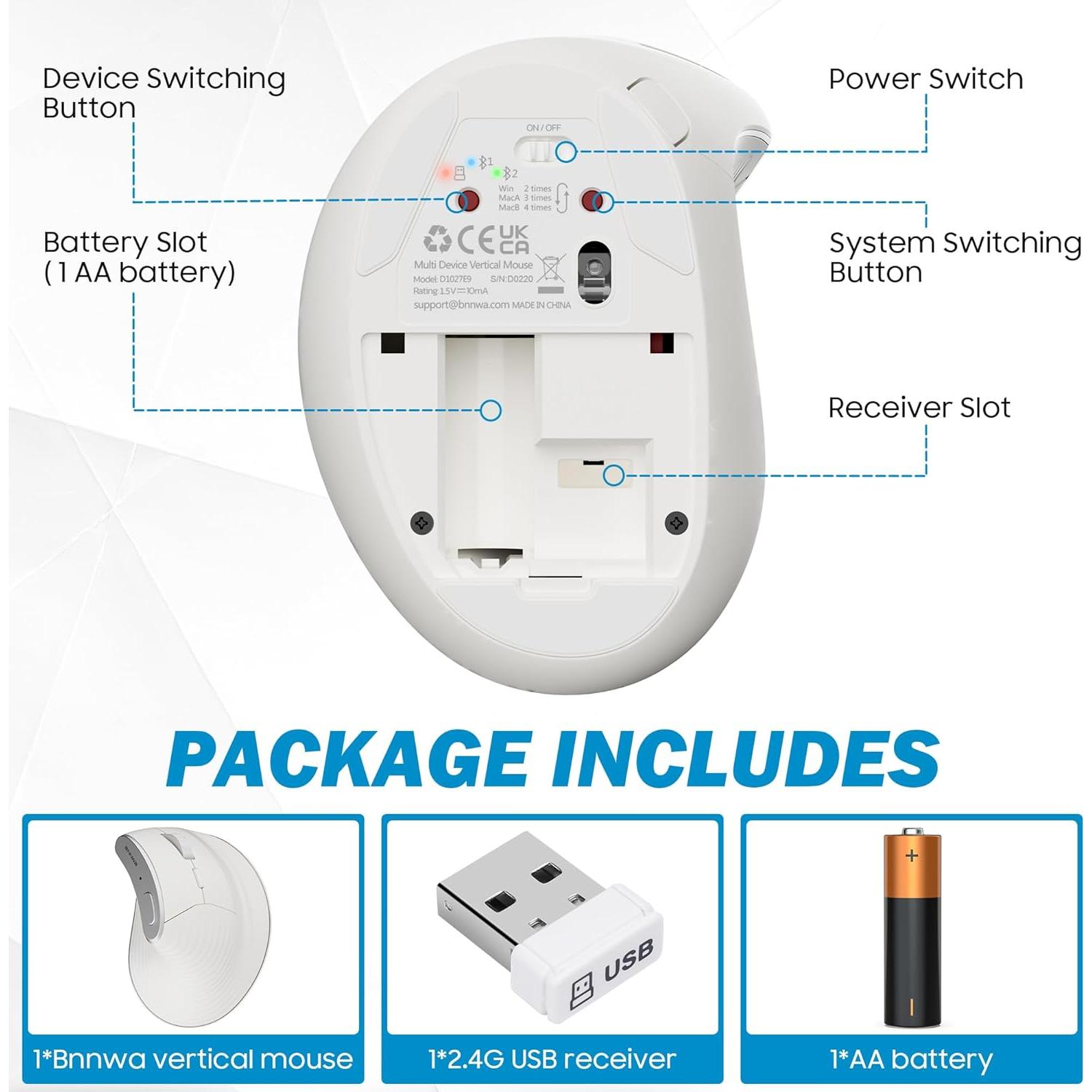 Ratón Ergonómico Vertical Inalámbrico Bnnwa Blanco 4 DPI