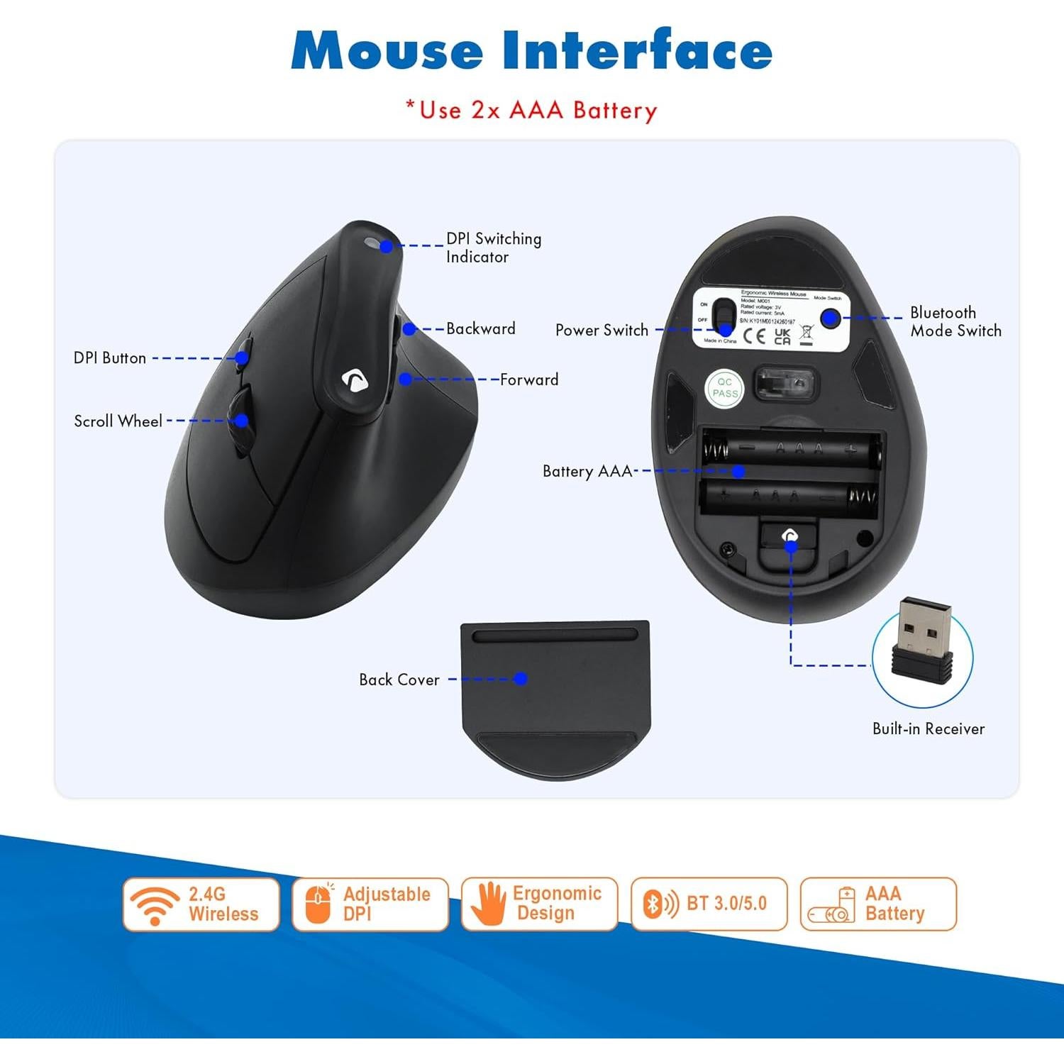 Ratón Inalámbrico Ergonómico Vertical J-Tech Digital Negro