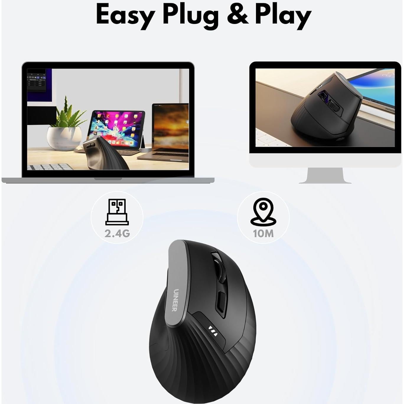 Ratón Vertical Inalámbrico Uineer A06P Ergonómico Negro