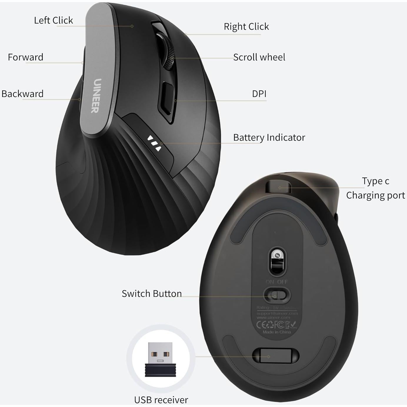 Ratón Vertical Inalámbrico Uineer A06P Ergonómico Negro