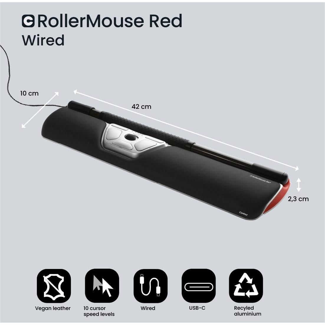 Ratón Ergonómico Contour Design RollerMouse Rojo - Con Soporte de Palma