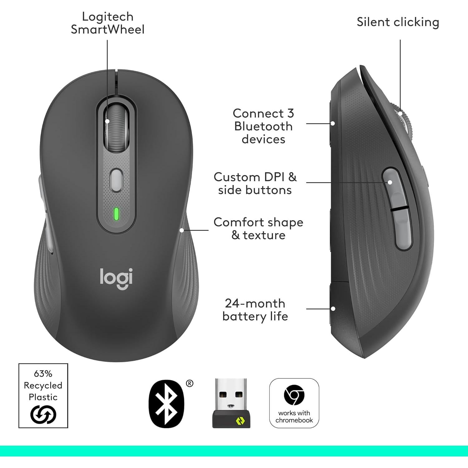 Ratón Inalámbrico Logitech Signature Plus M750 L - Grafito, Multi Dispositivo, 24 Meses Batería