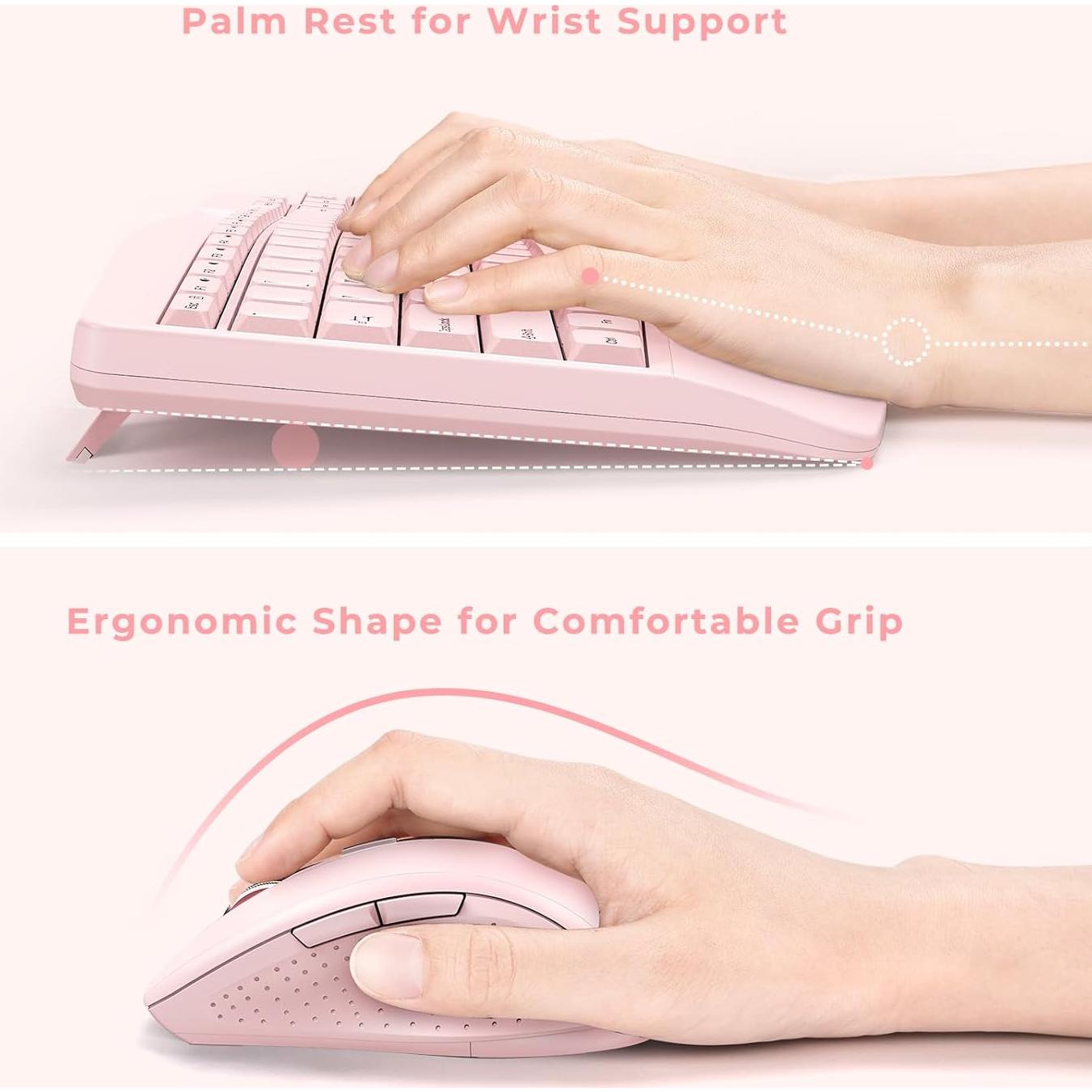 Combo Teclado y Ratón Inalámbricos Ergonómicos PEIOUS Rosa Claro