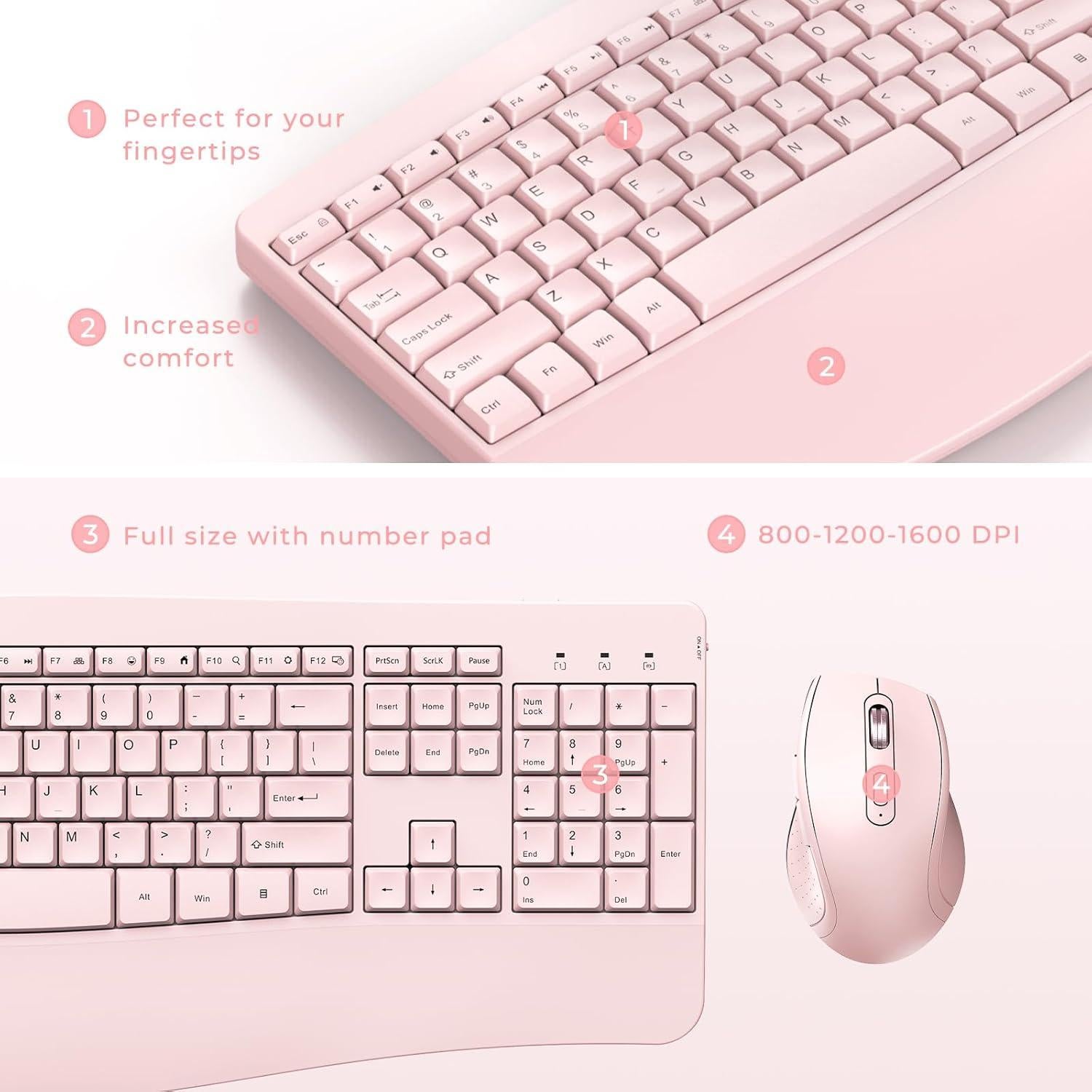 Combo Teclado y Ratón Inalámbricos Ergonómicos PEIOUS Rosa Claro