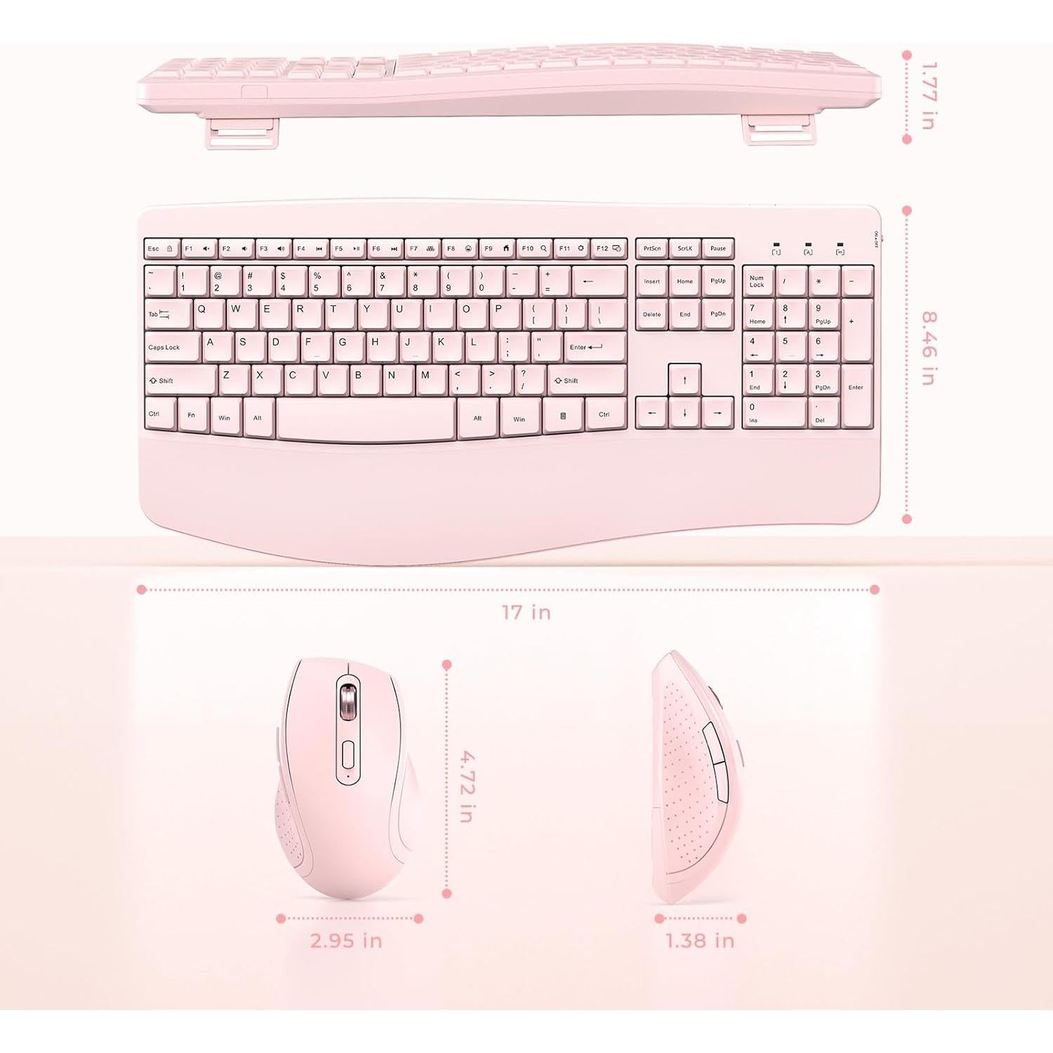 Combo Teclado y Ratón Inalámbricos Ergonómicos PEIOUS Rosa Claro