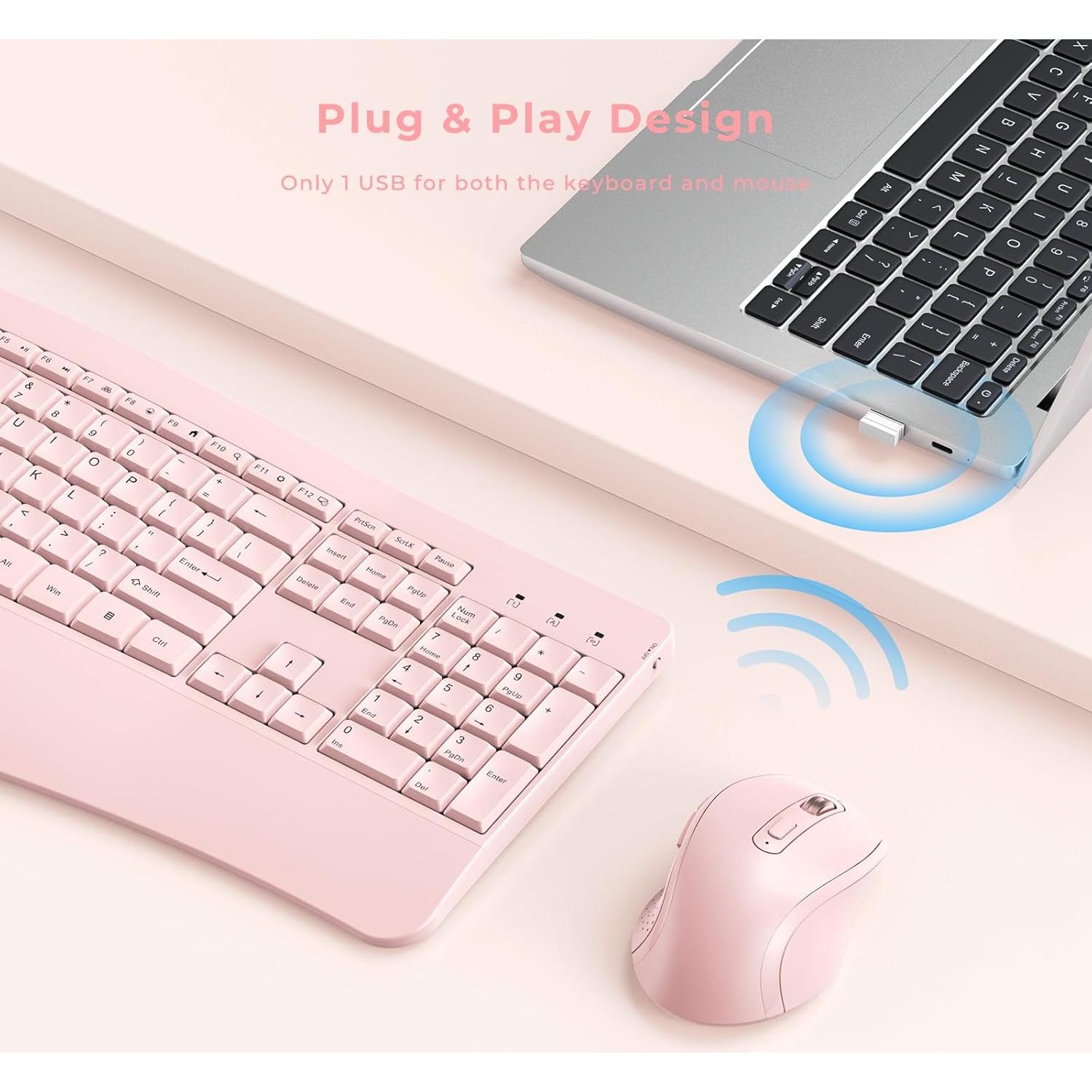 Combo Teclado y Ratón Inalámbricos Ergonómicos PEIOUS Rosa Claro