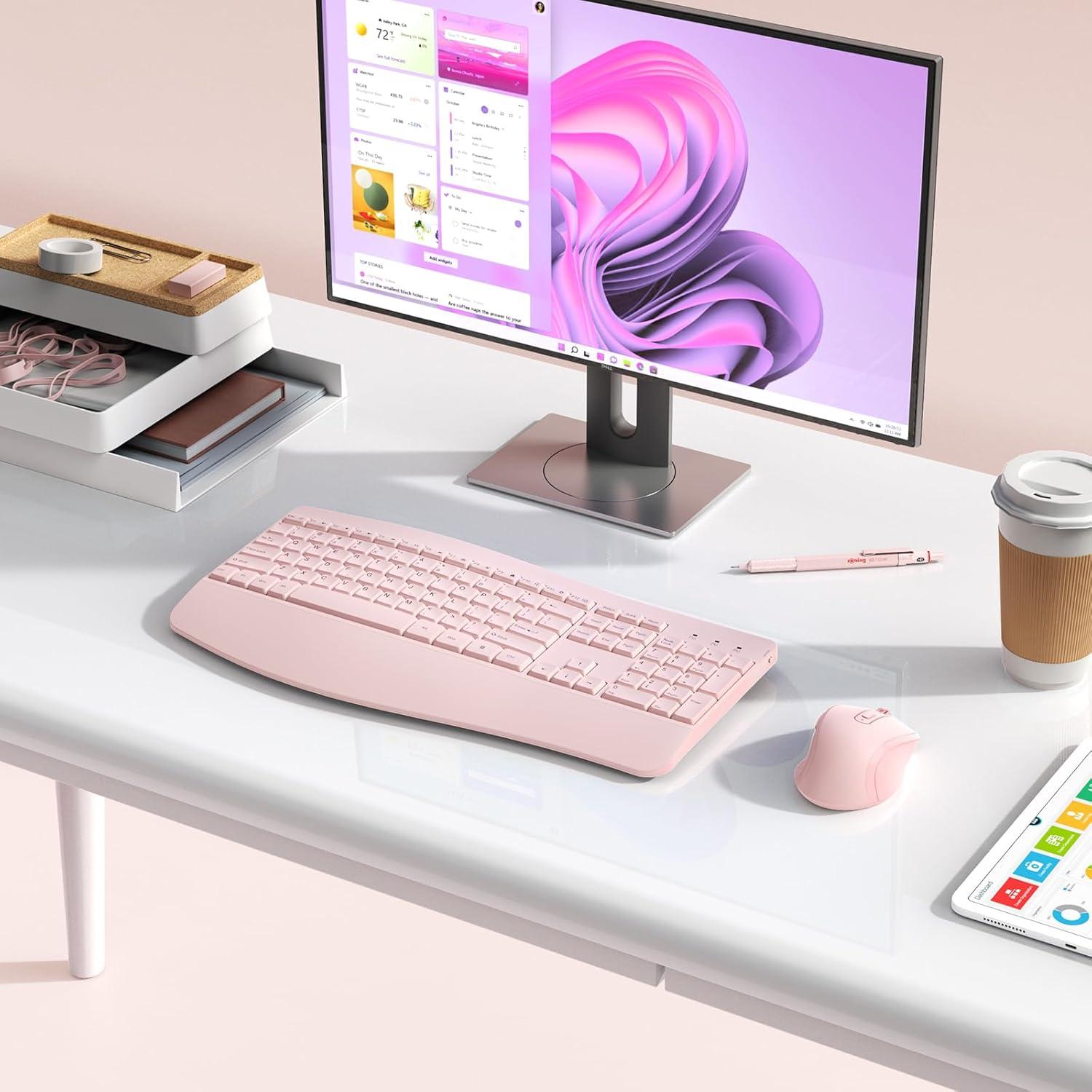 Combo Teclado y Ratón Inalámbricos Ergonómicos PEIOUS Rosa Claro