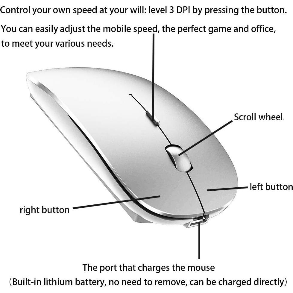 Ratón Inalámbrico Bluetooth PEIBO 5.2 + USB 2.4G Plata