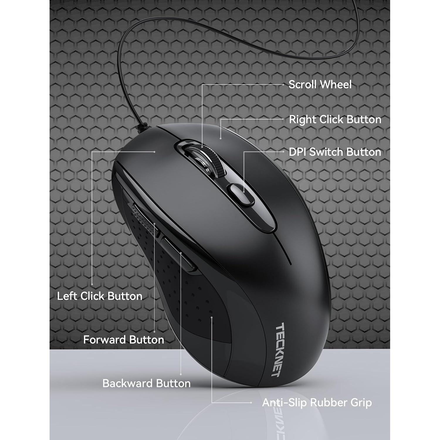 TECKNET Wired Mouse, USB Wired Computer Mice, 3600DPI 4 Adjustable Levels, 6-Button Ergonomic Mouse for Laptop PC Desktop Notebook - Black