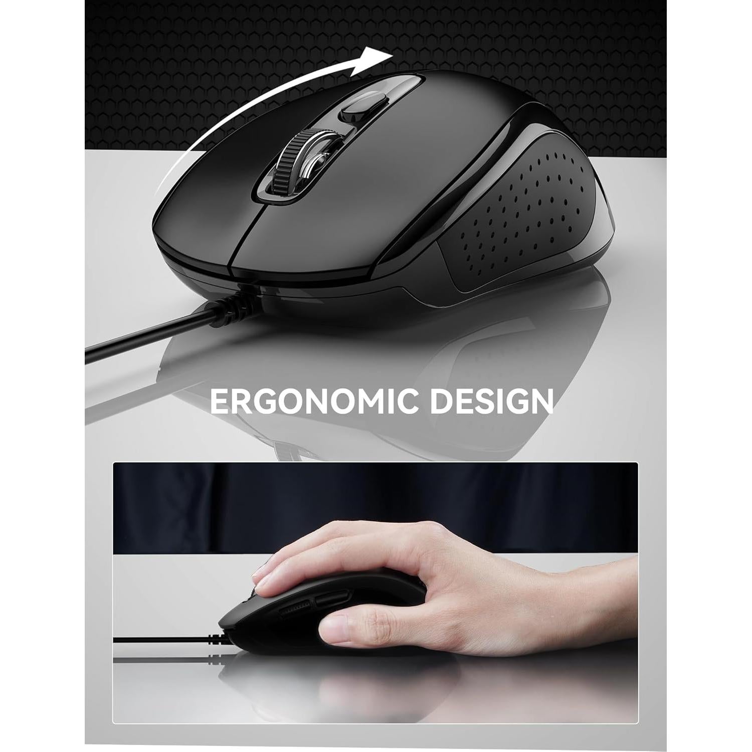 TECKNET Wired Mouse, USB Wired Computer Mice, 3600DPI 4 Adjustable Levels, 6-Button Ergonomic Mouse for Laptop PC Desktop Notebook - Black