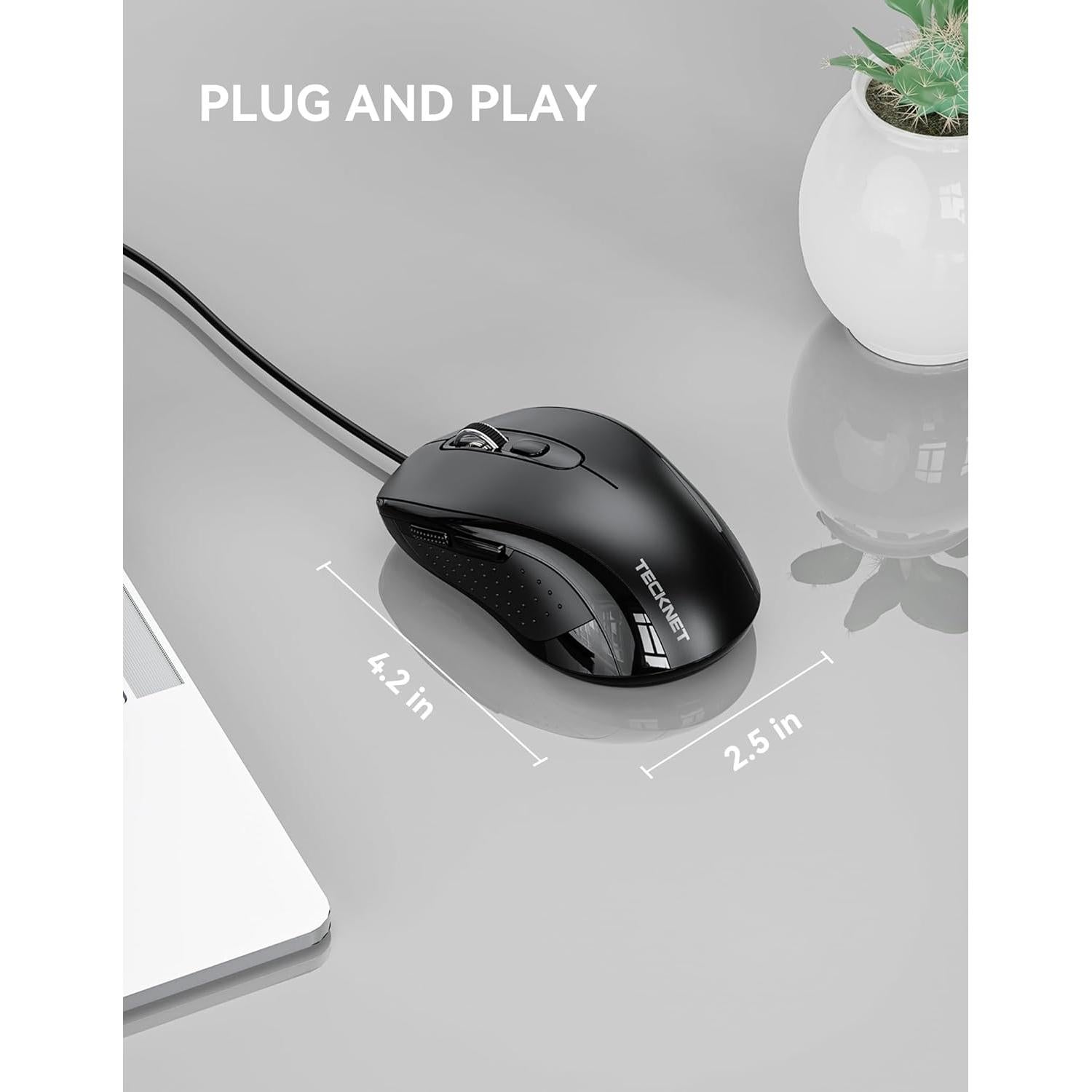 TECKNET Wired Mouse, USB Wired Computer Mice, 3600DPI 4 Adjustable Levels, 6-Button Ergonomic Mouse for Laptop PC Desktop Notebook - Black