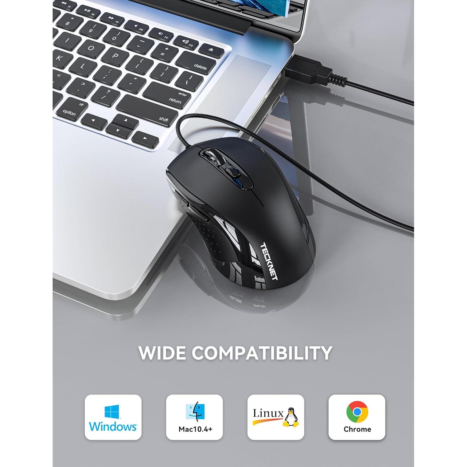 TECKNET Wired Mouse, USB Wired Computer Mice, 3600DPI 4 Adjustable Levels, 6-Button Ergonomic Mouse for Laptop PC Desktop Notebook - Black