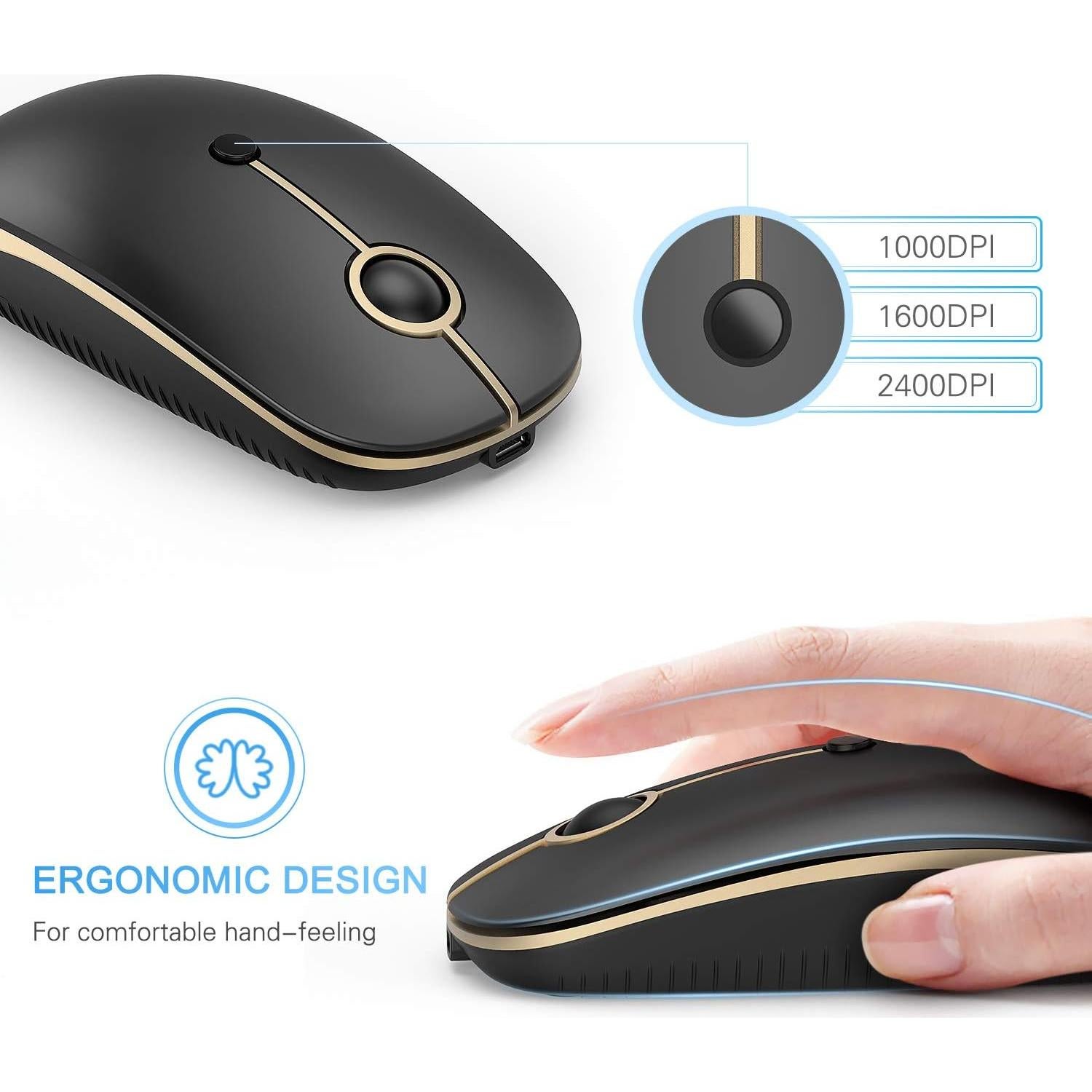 Ratón Inalámbrico Vssoplor Recargable Tipo C Silencioso Negro/Dorado