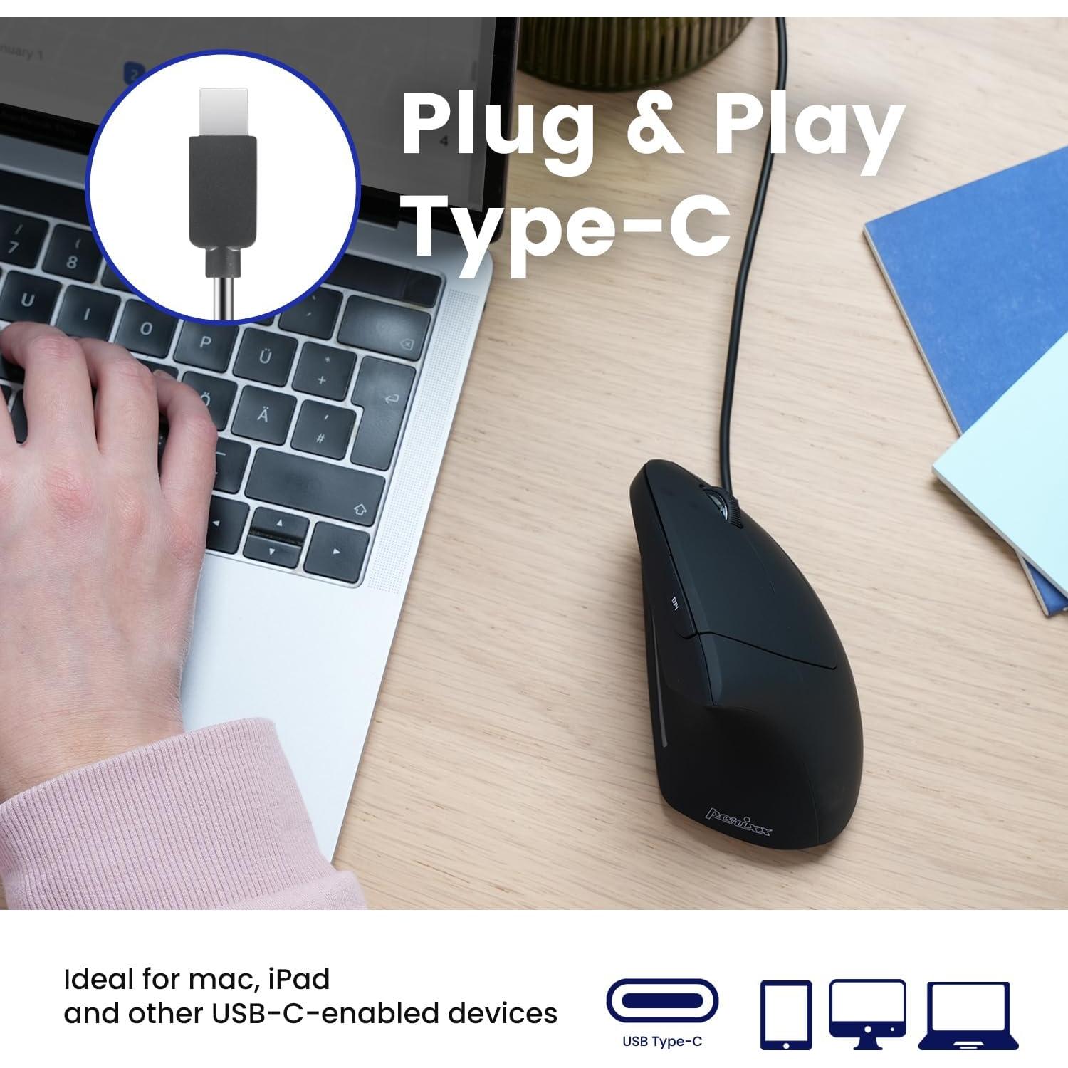 Ratón Vertical USB-C Perixx PERIMICE-513C 6 Botones DPI Ajustable