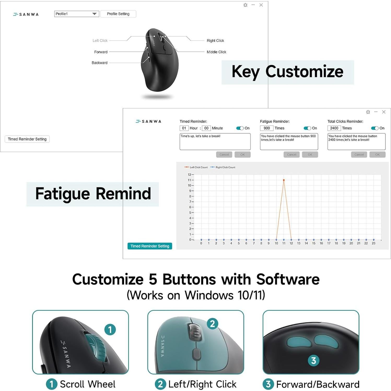 Ratón Vertical Ergonómico SANWA GMAERGWBT5-DPH Inalámbrico 2.4G + Bluetooth