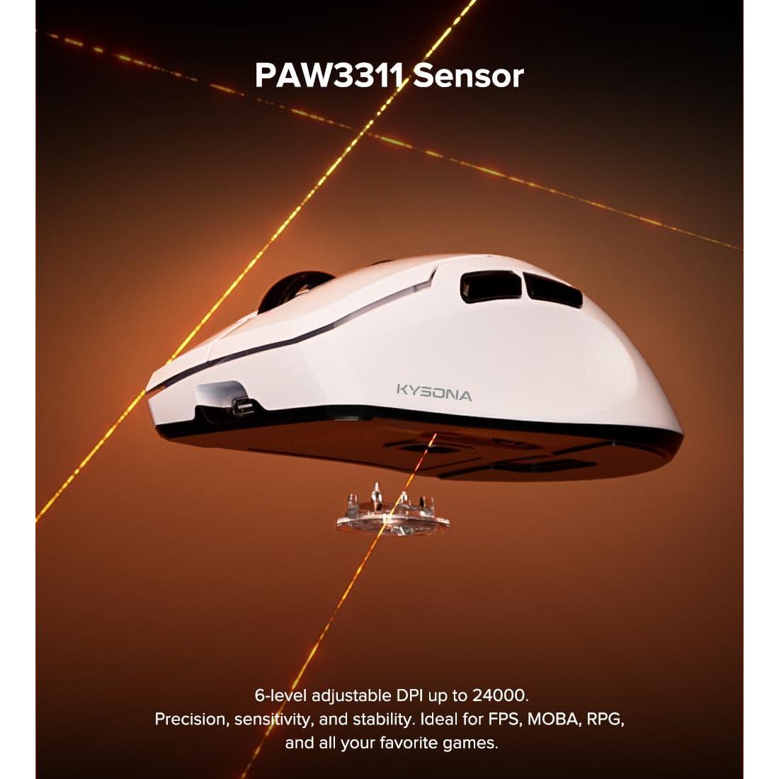 Ratón Gaming Inalámbrico KYSONA, 24000 DPI, Ergonómico, Blanco