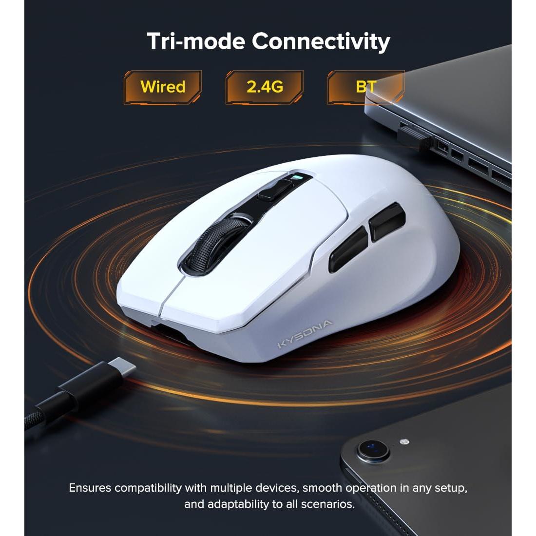 Ratón Gaming Inalámbrico KYSONA, 24000 DPI, Ergonómico, Blanco