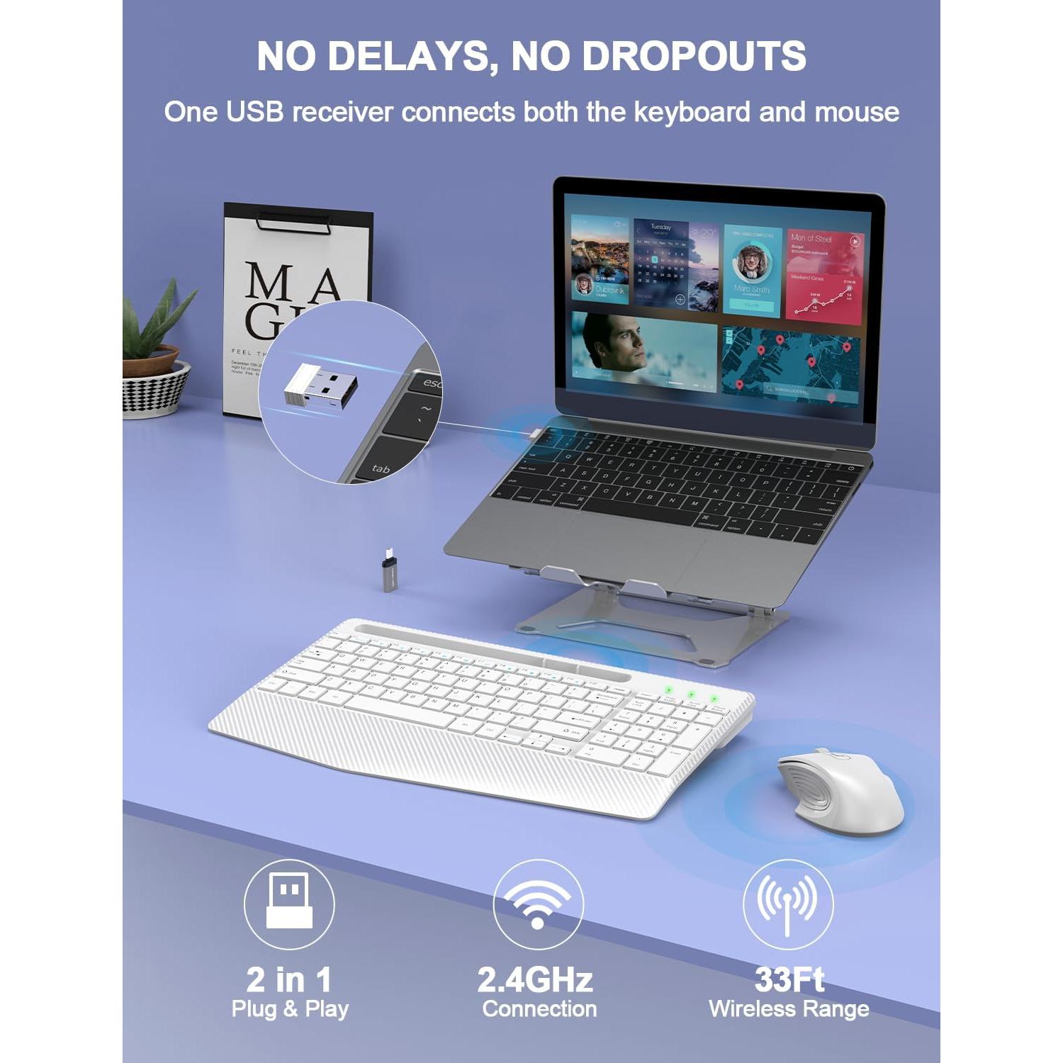 Combo Teclado y Ratón Inalámbrico Ergonómico Hayyiesh Blanco