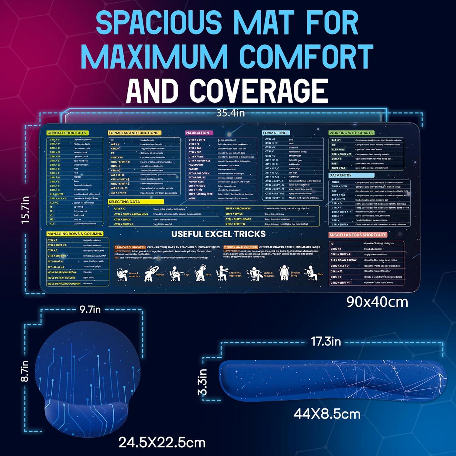 Alfombrilla de Escritorio Ergonómica JAMNOLA XL 90x40 cm con Atajos de Excel