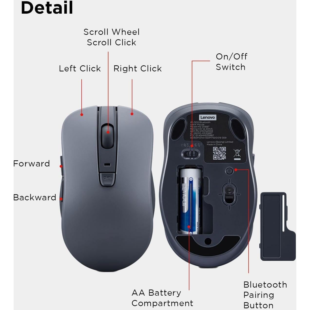 Ratón Bluetooth Silencioso Lenovo WL300 - 5 Botones, 1600 DPI