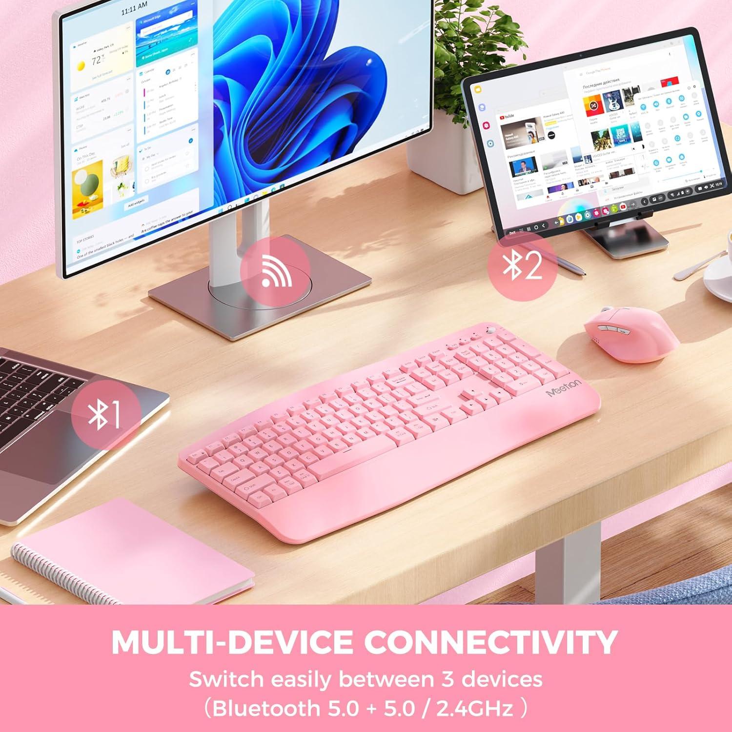 Teclado y Ratón Inalámbricos MEETION Ergonomico Rosa