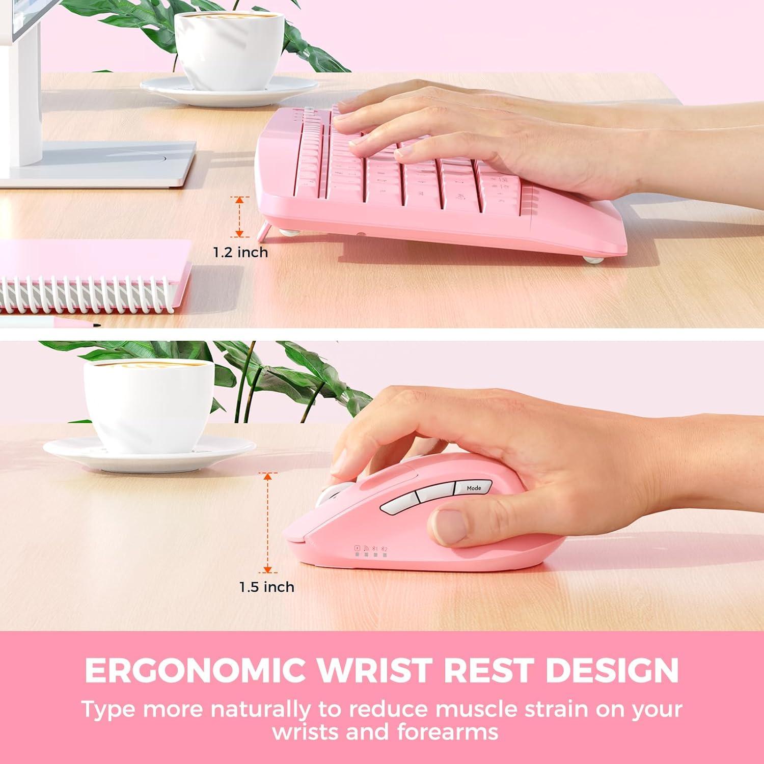 Teclado y Ratón Inalámbricos MEETION Ergonomico Rosa