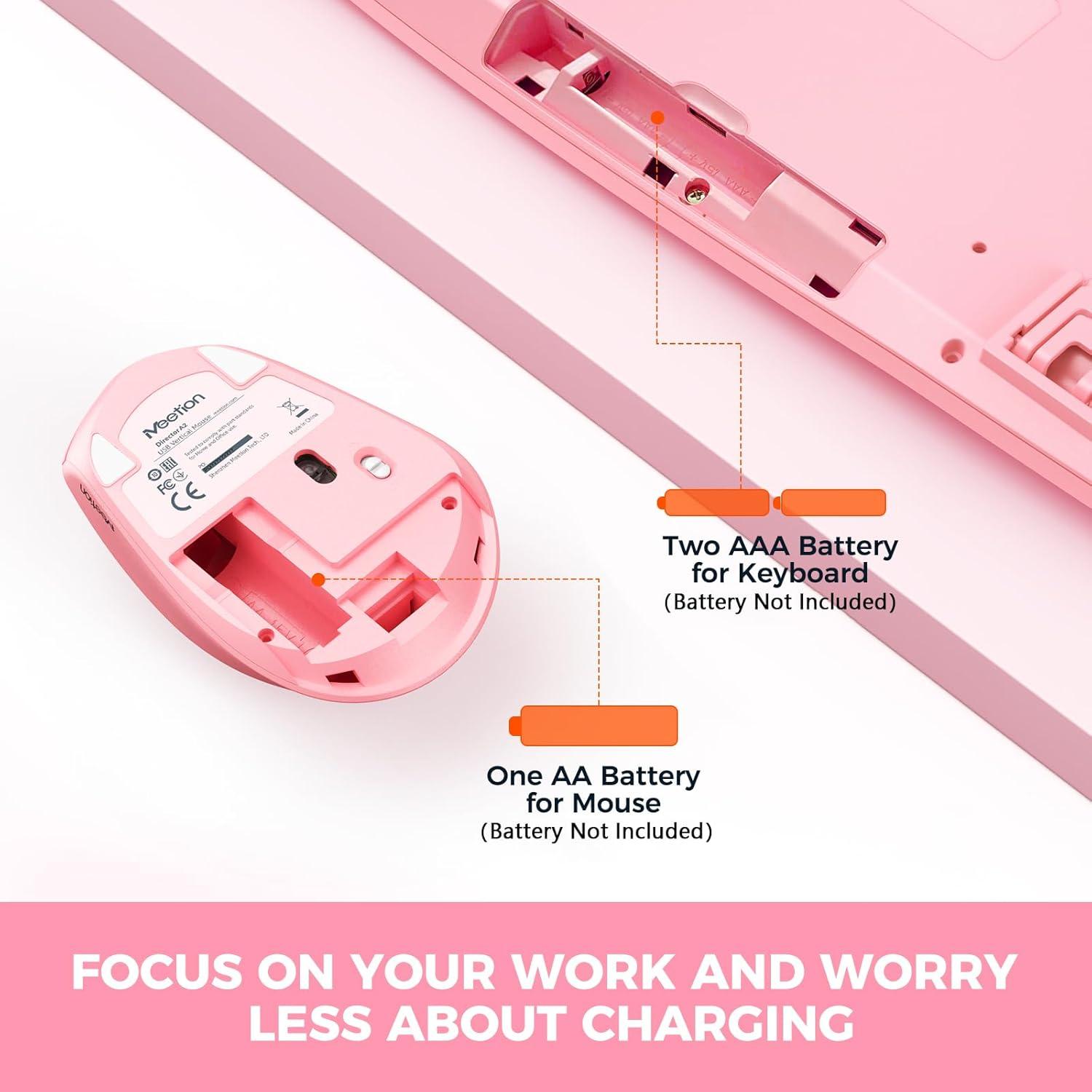 Teclado y Ratón Inalámbricos MEETION Ergonomico Rosa