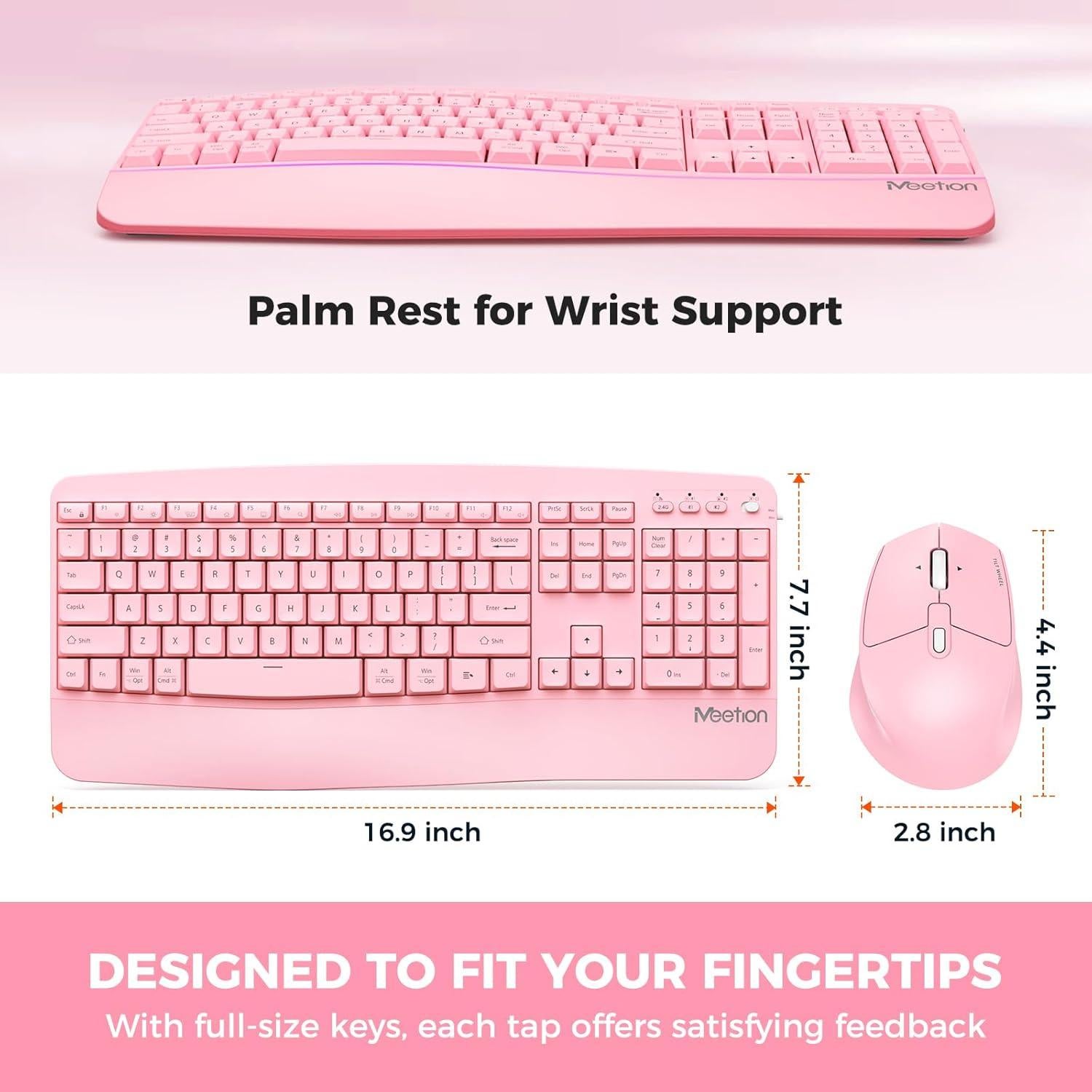 Teclado y Ratón Inalámbricos MEETION Ergonomico Rosa