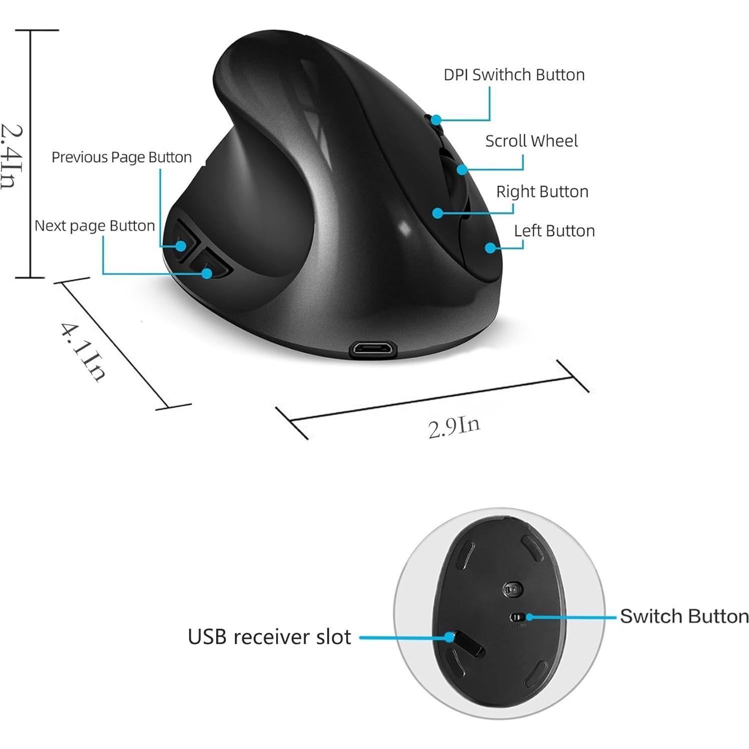 Ratón Vertical Ergonómico Inalámbrico BeWishes para Zurdos 1600 DPI