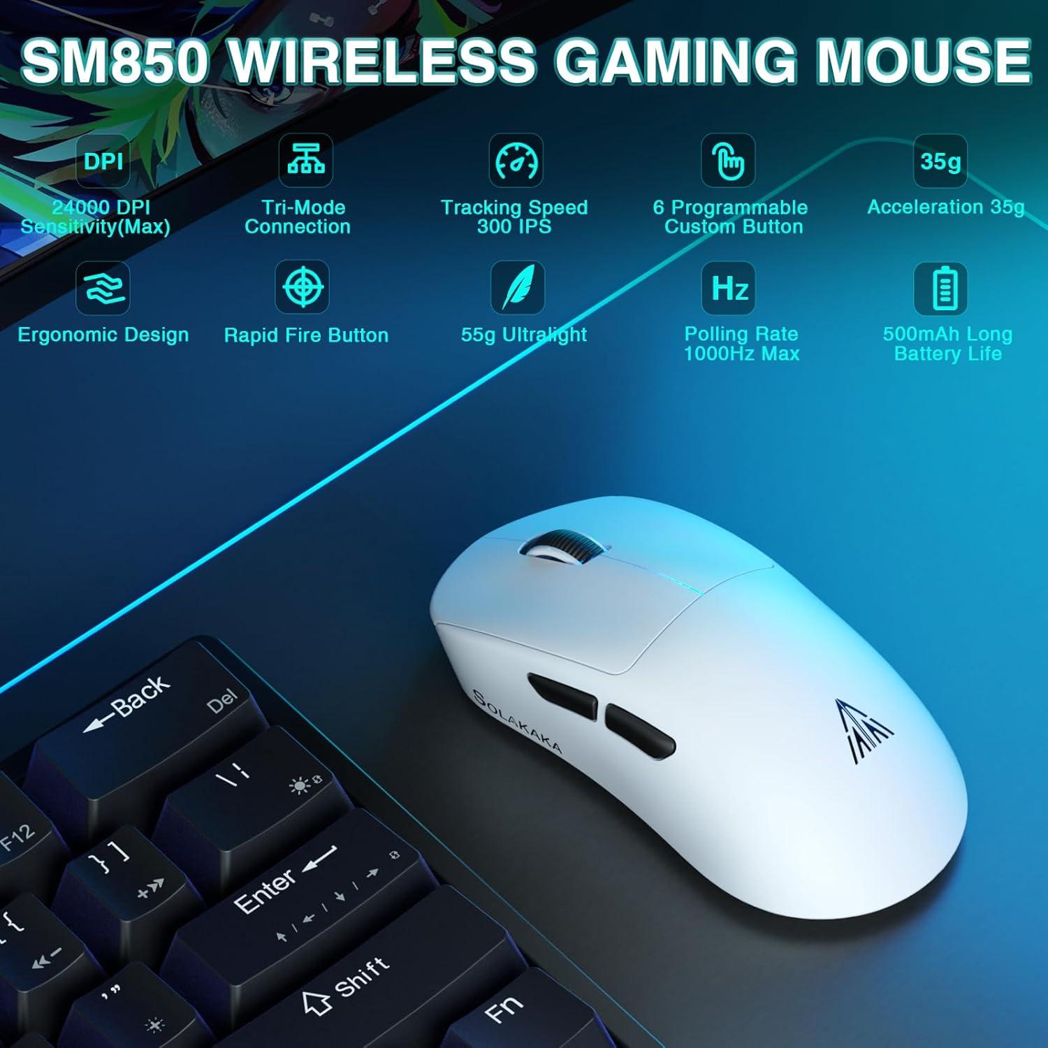 Ratón Gaming Inalámbrico SOLAKAKA SM850, 24000 DPI, 55g