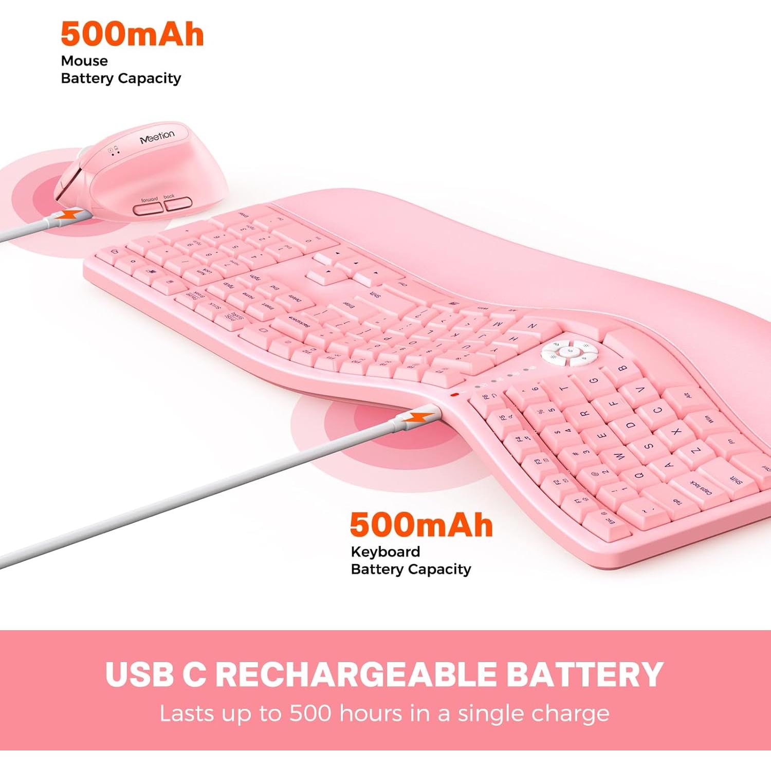 Teclado y Ratón Ergonómico Inalámbrico MEETION Director-C Rosa