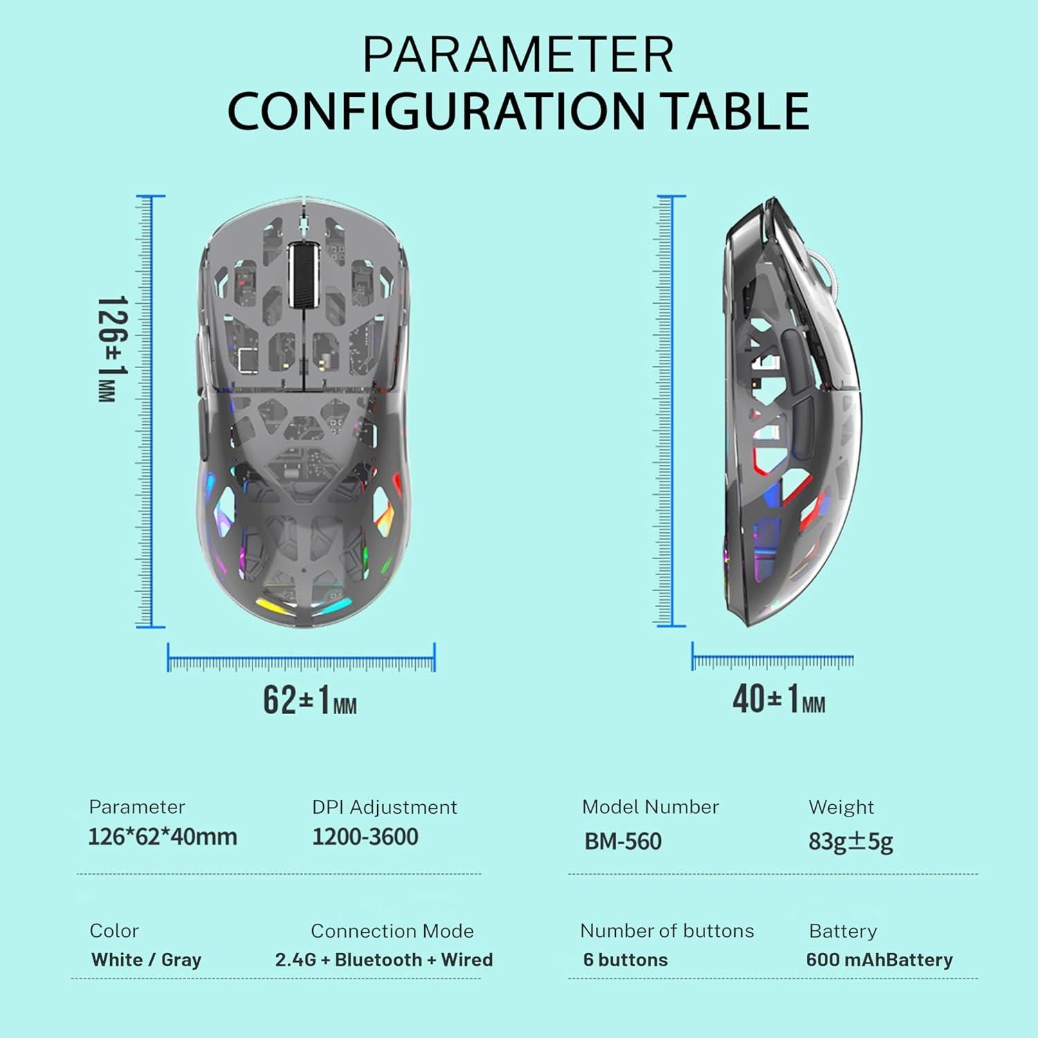 Ratón Mecánico RGB Inalámbrico Attoe BM560 Ergonómico 3600 DPI