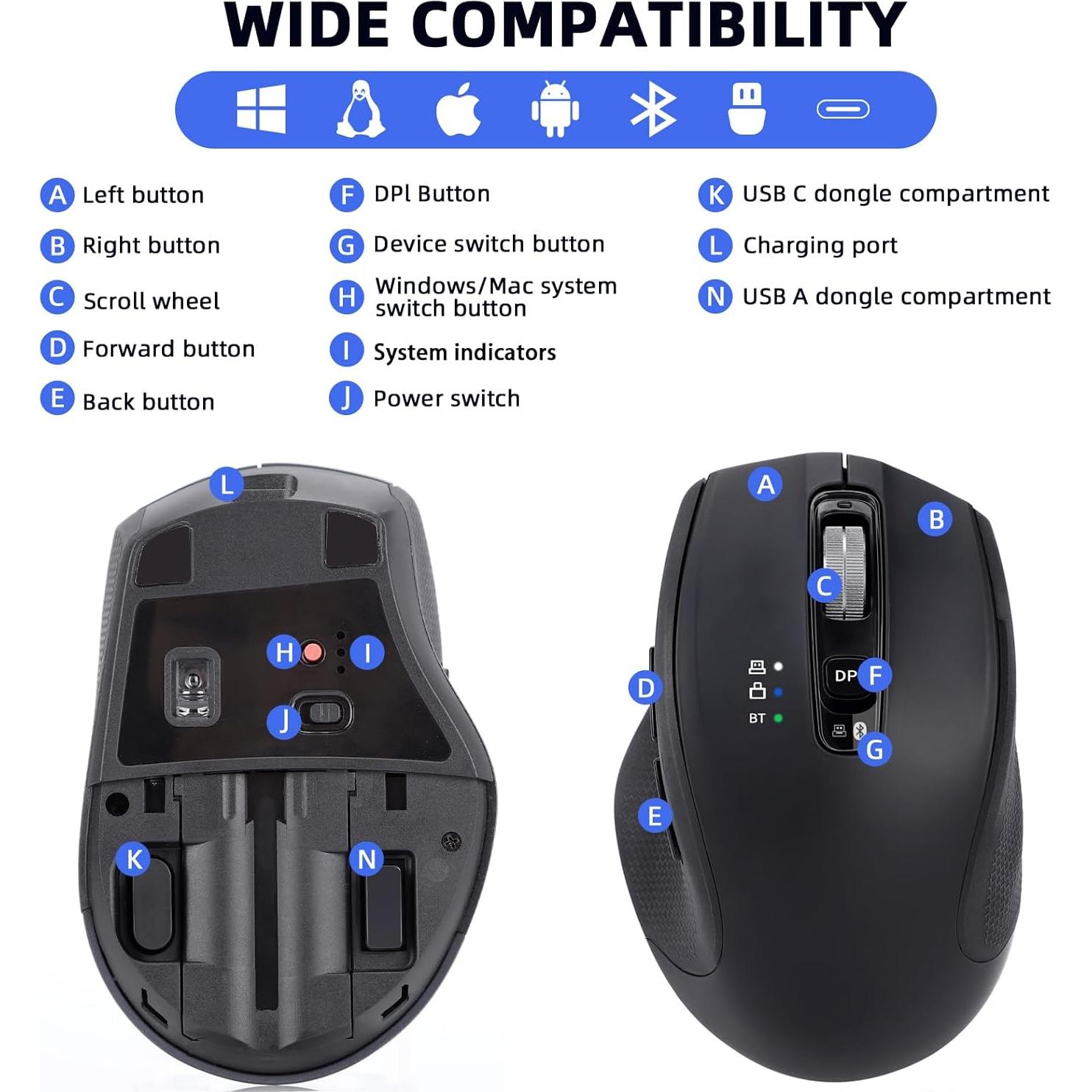 Ratón Inalámbrico Bluetooth CHHI D800 Recargable Ergonómico Negro