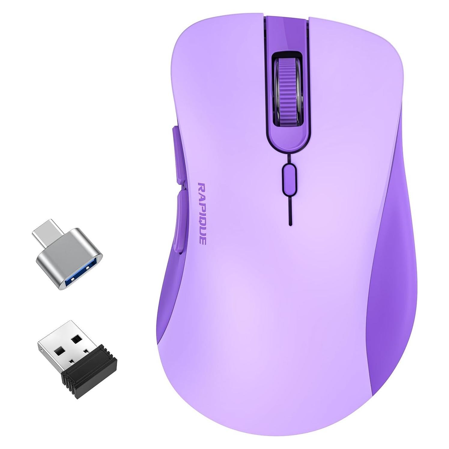 Wireless Mouse - Silent Computer Mice with USB Receiver & Type-C Adapter, Low Power, Ergonomic Cordless Mouse for Laptop, PC, Desktop, MacBook, 3 Adjustable DPI Levels (Purple)