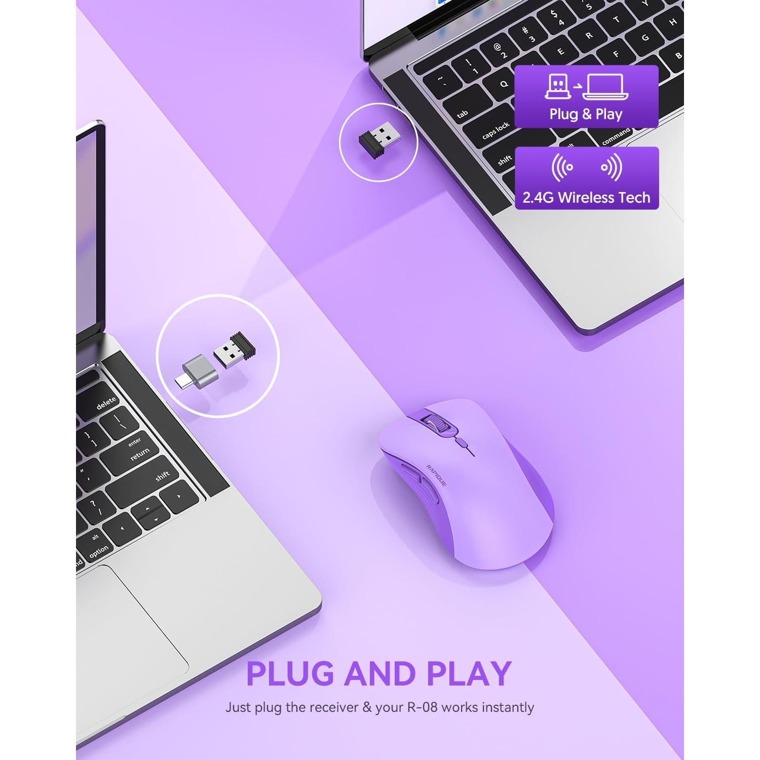 Wireless Mouse - Silent Computer Mice with USB Receiver & Type-C Adapter, Low Power, Ergonomic Cordless Mouse for Laptop, PC, Desktop, MacBook, 3 Adjustable DPI Levels (Purple)