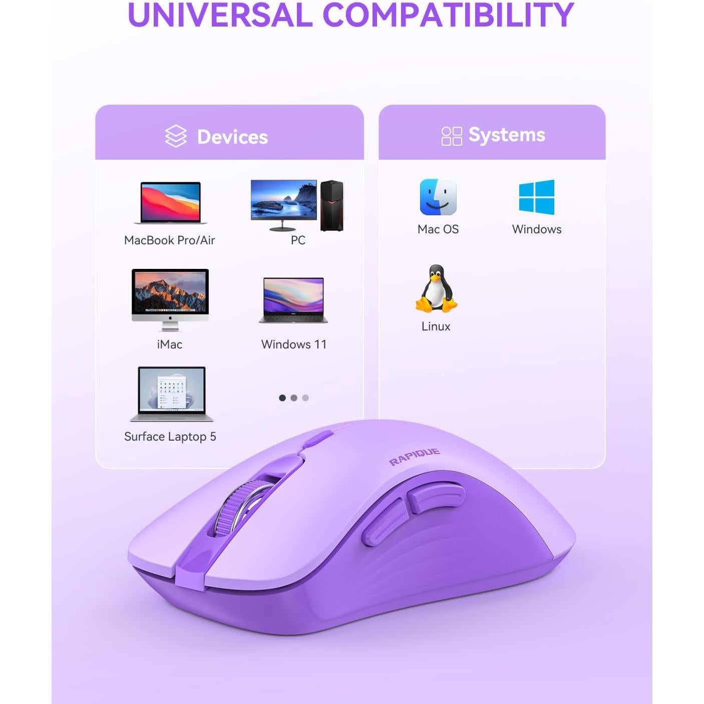 Wireless Mouse - Silent Computer Mice with USB Receiver & Type-C Adapter, Low Power, Ergonomic Cordless Mouse for Laptop, PC, Desktop, MacBook, 3 Adjustable DPI Levels (Purple)