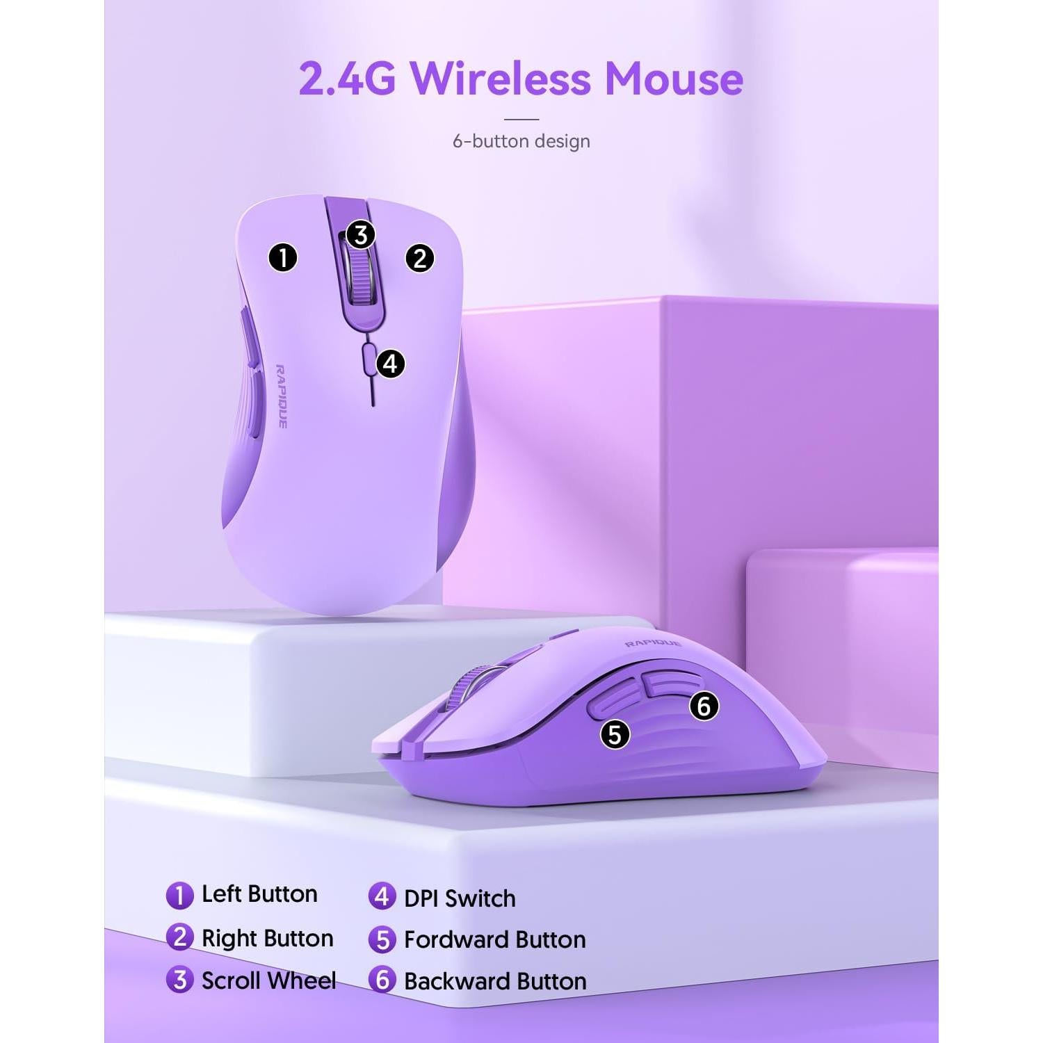 Wireless Mouse - Silent Computer Mice with USB Receiver & Type-C Adapter, Low Power, Ergonomic Cordless Mouse for Laptop, PC, Desktop, MacBook, 3 Adjustable DPI Levels (Purple)