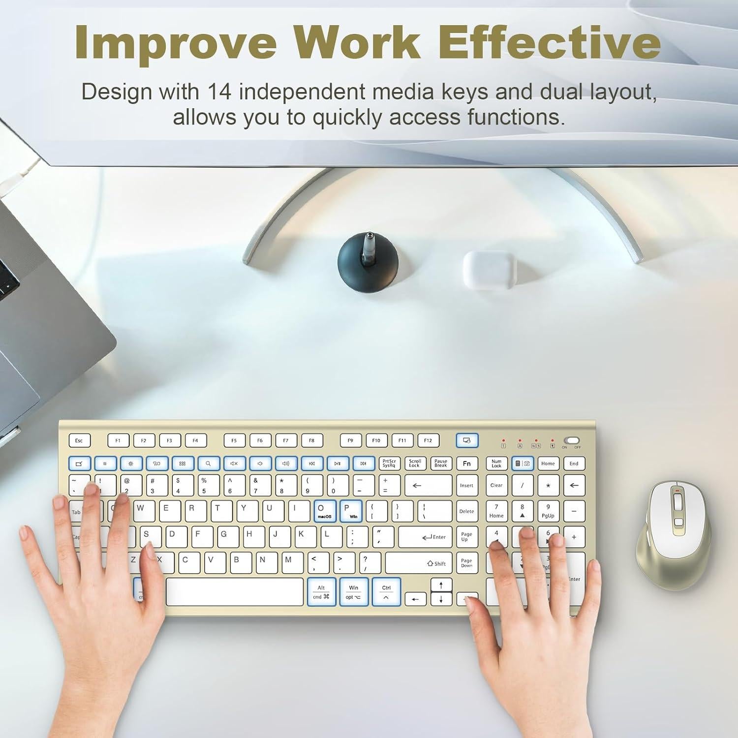 Combo Teclado y Ratón Inalámbrico FENIFOX Dorado Recargable USB-C