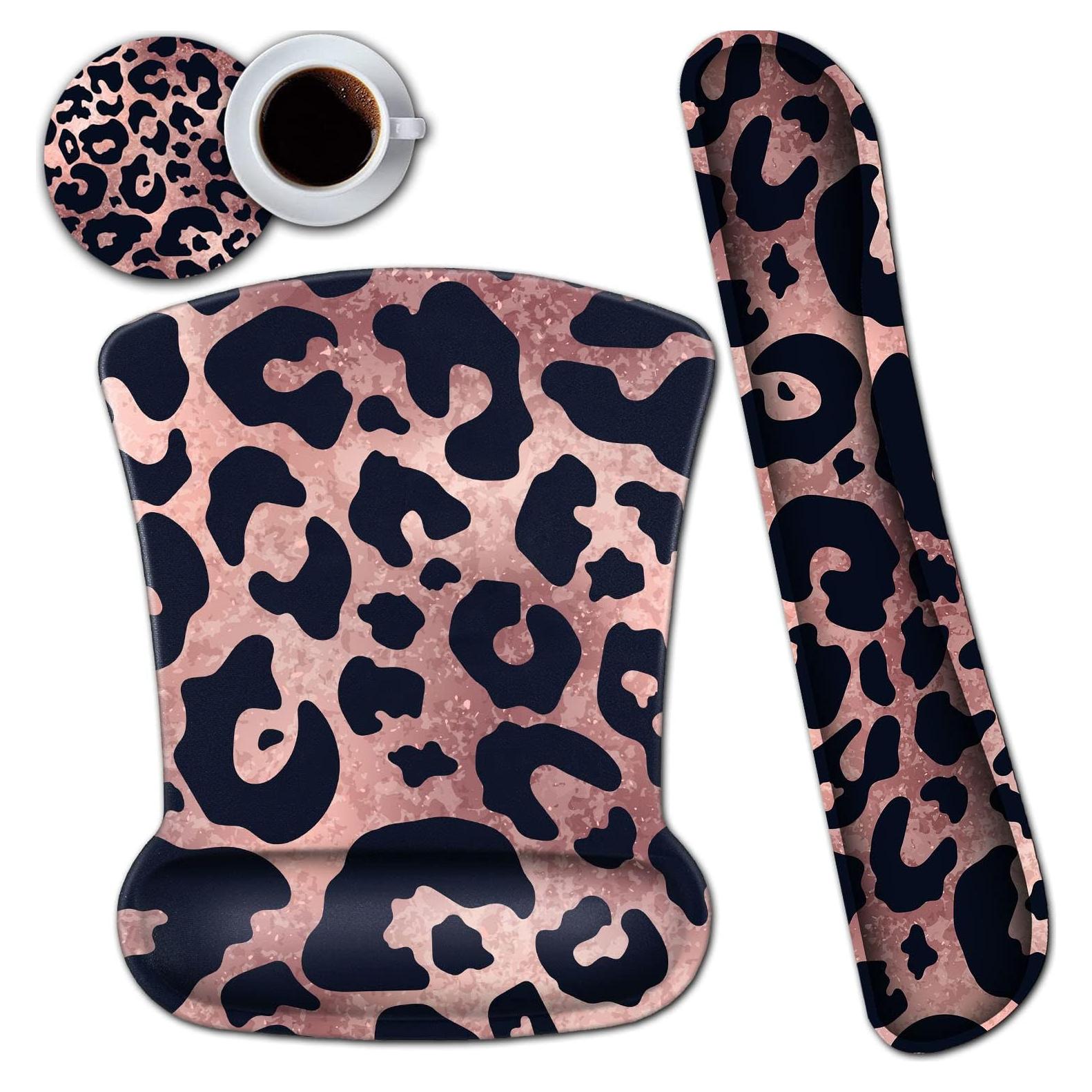 Office Mousepad with Gel Wrist Support, Ergonomic Memory Foam Keyboard Wrist Rest, Mouse Pad with Nonslip Base for Laptop, Gaming & Office Easy Typing Desk Pad, Leopard Rose Black Mouse Mat
