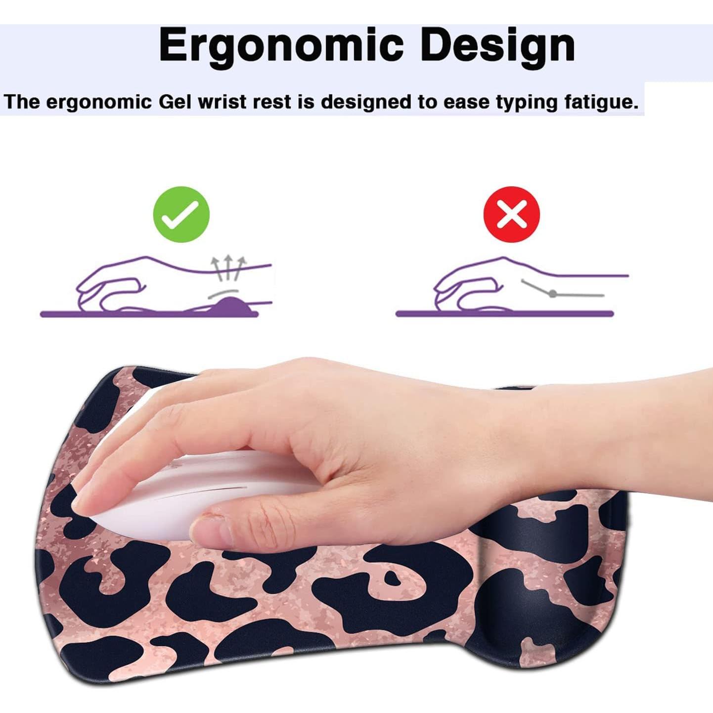Office Mousepad with Gel Wrist Support, Ergonomic Memory Foam Keyboard Wrist Rest, Mouse Pad with Nonslip Base for Laptop, Gaming & Office Easy Typing Desk Pad, Leopard Rose Black Mouse Mat