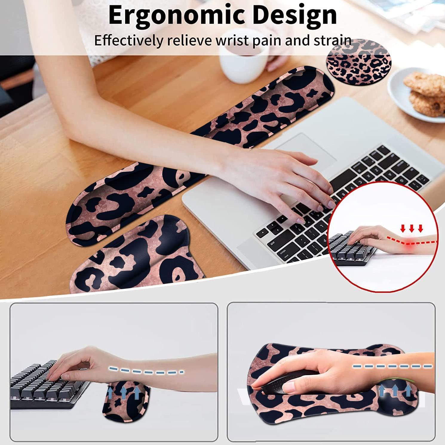 Office Mousepad with Gel Wrist Support, Ergonomic Memory Foam Keyboard Wrist Rest, Mouse Pad with Nonslip Base for Laptop, Gaming & Office Easy Typing Desk Pad, Leopard Rose Black Mouse Mat