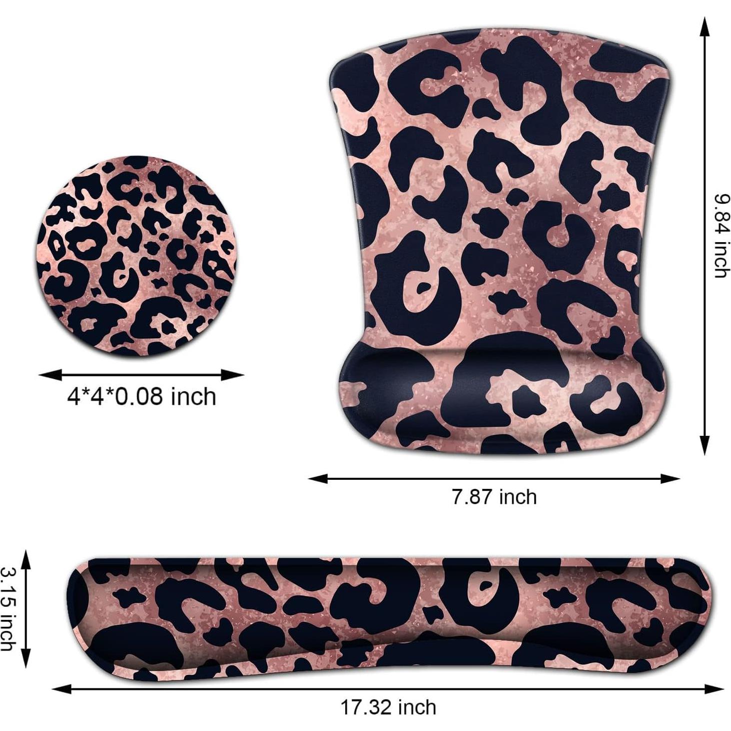 Office Mousepad with Gel Wrist Support, Ergonomic Memory Foam Keyboard Wrist Rest, Mouse Pad with Nonslip Base for Laptop, Gaming & Office Easy Typing Desk Pad, Leopard Rose Black Mouse Mat