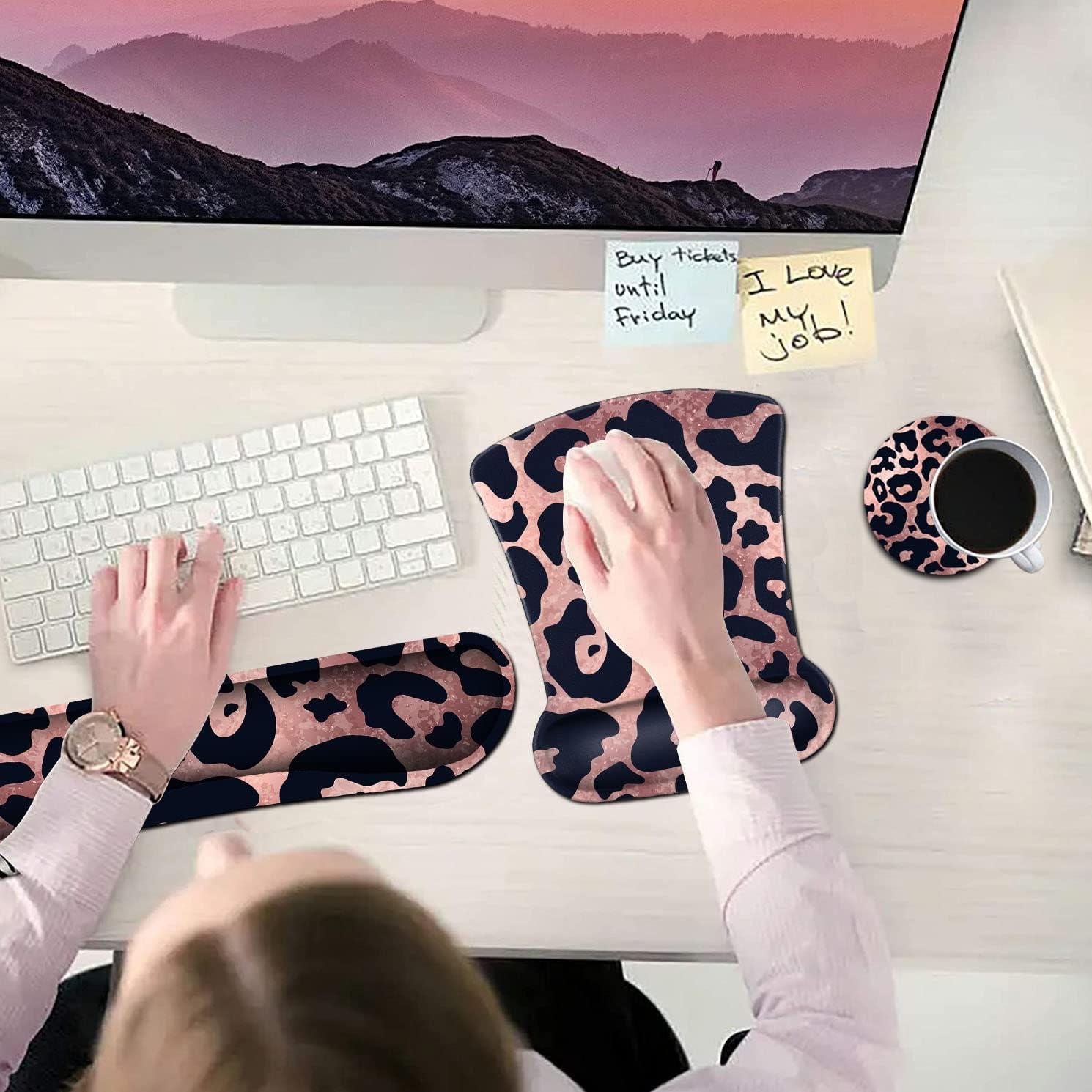 Office Mousepad with Gel Wrist Support, Ergonomic Memory Foam Keyboard Wrist Rest, Mouse Pad with Nonslip Base for Laptop, Gaming & Office Easy Typing Desk Pad, Leopard Rose Black Mouse Mat