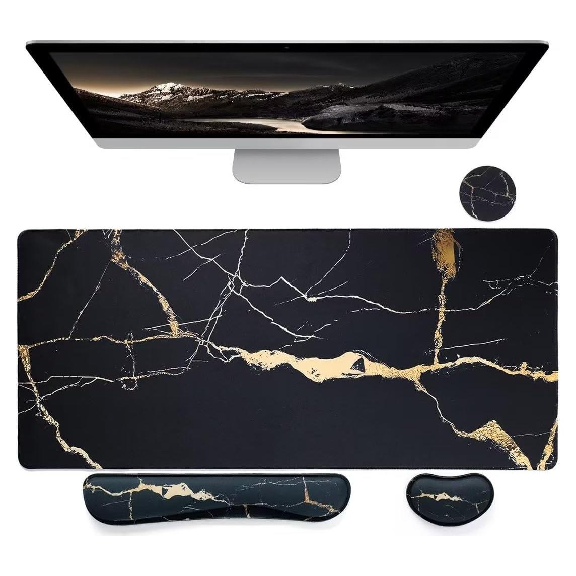 Set de Alfombrilla de Escritorio Bloss 4 en 1 - Mármol Negro 80x40cm