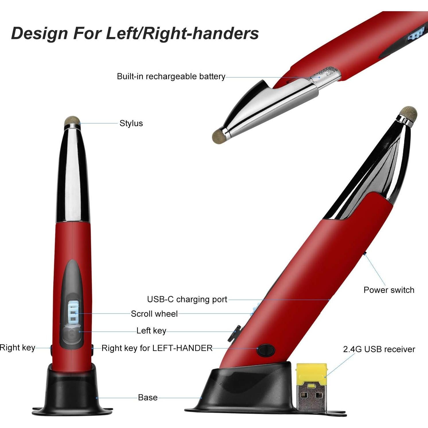 Ratón Óptico Ergonómico Inalámbrico Lychee Rojo con Stylus