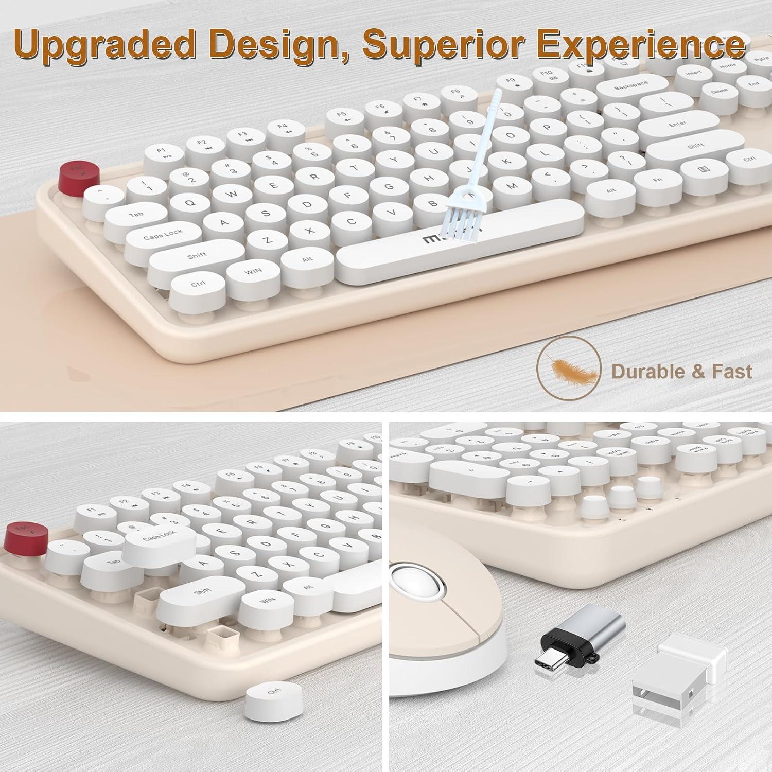 Cream Wireless Keyboard Mouse, COOFUN 104 Keys Full Size White Keyboard Ergonomic Cordless Keyboards Cute Colorful Retro Typewriter Key Board for Windows, PC, Laptop, Desktop (Creamy)