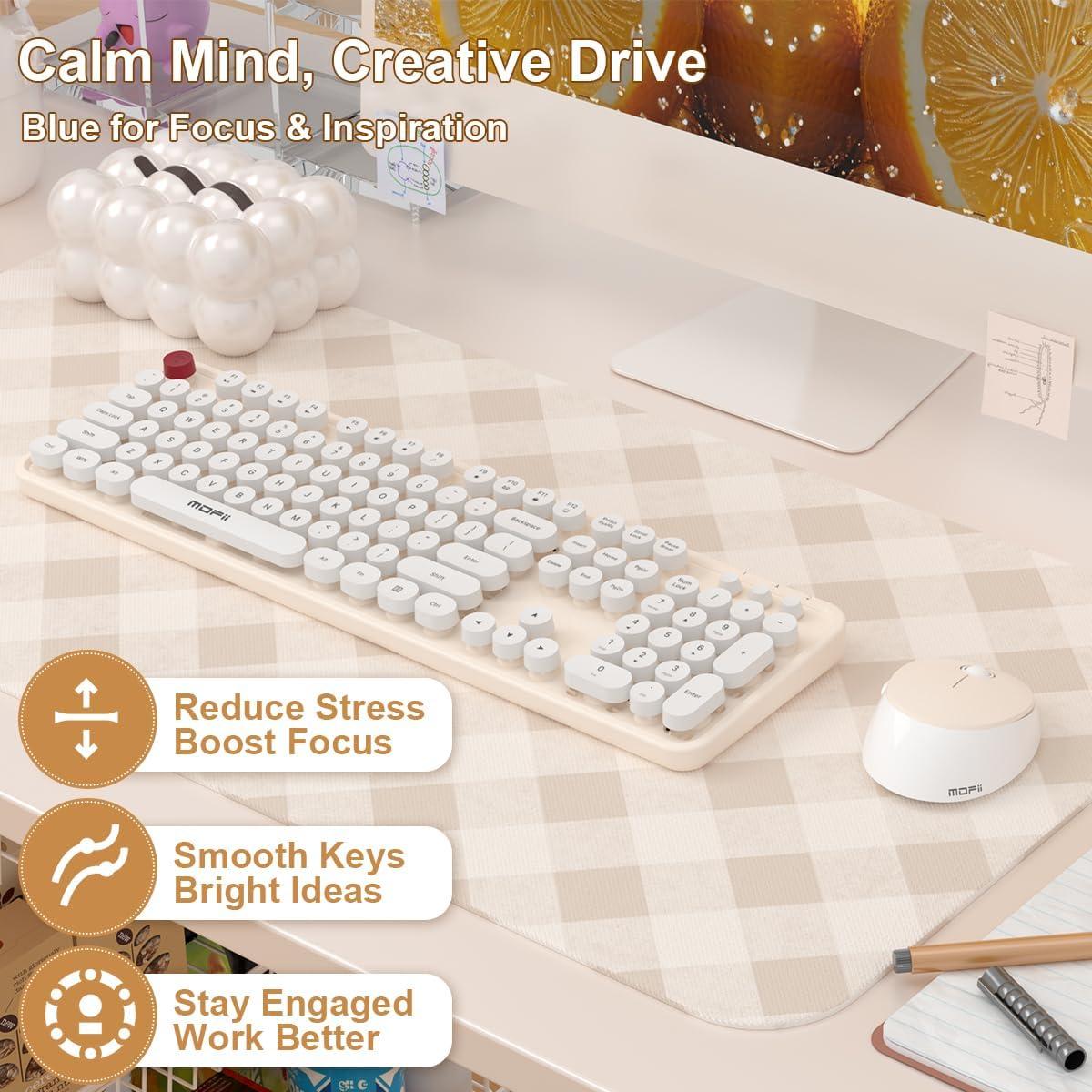 Cream Wireless Keyboard Mouse, COOFUN 104 Keys Full Size White Keyboard Ergonomic Cordless Keyboards Cute Colorful Retro Typewriter Key Board for Windows, PC, Laptop, Desktop (Creamy)
